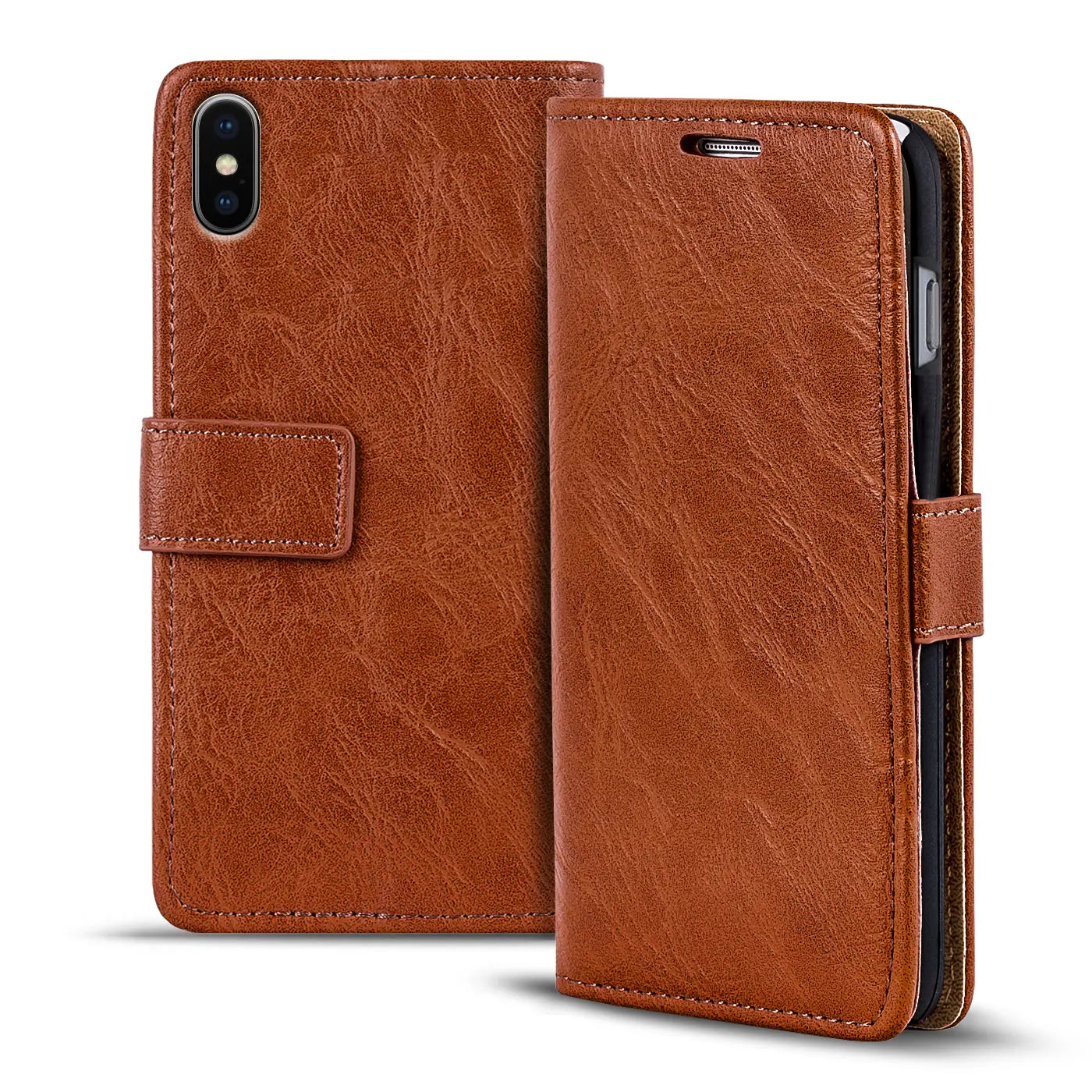 Braune Leder-Klapphülle für iPhone Xs Max, von vorne/leicht schräg.