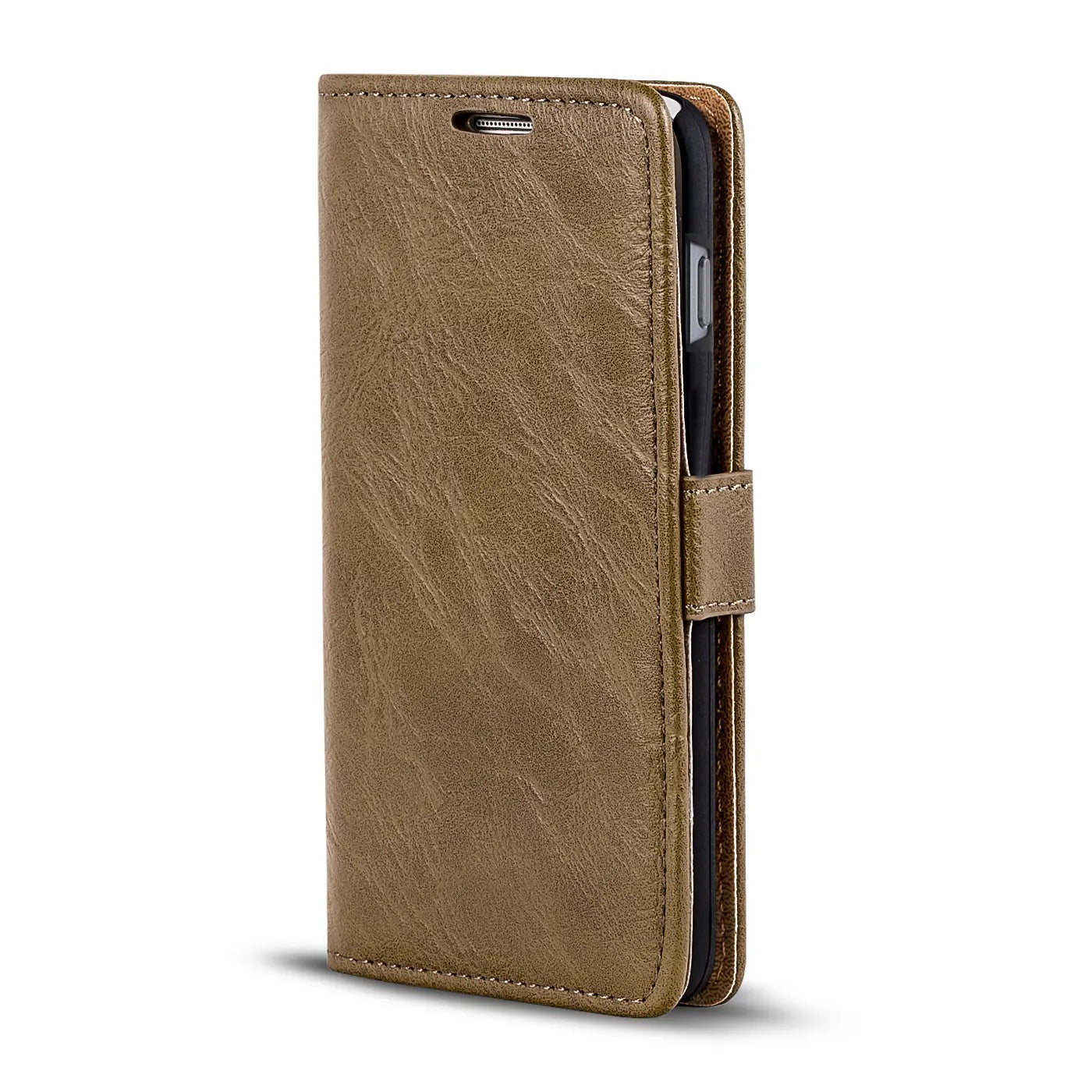 Braune Leder-Klapphülle für iPhone Xs Max, von der Seite fotografiert.
