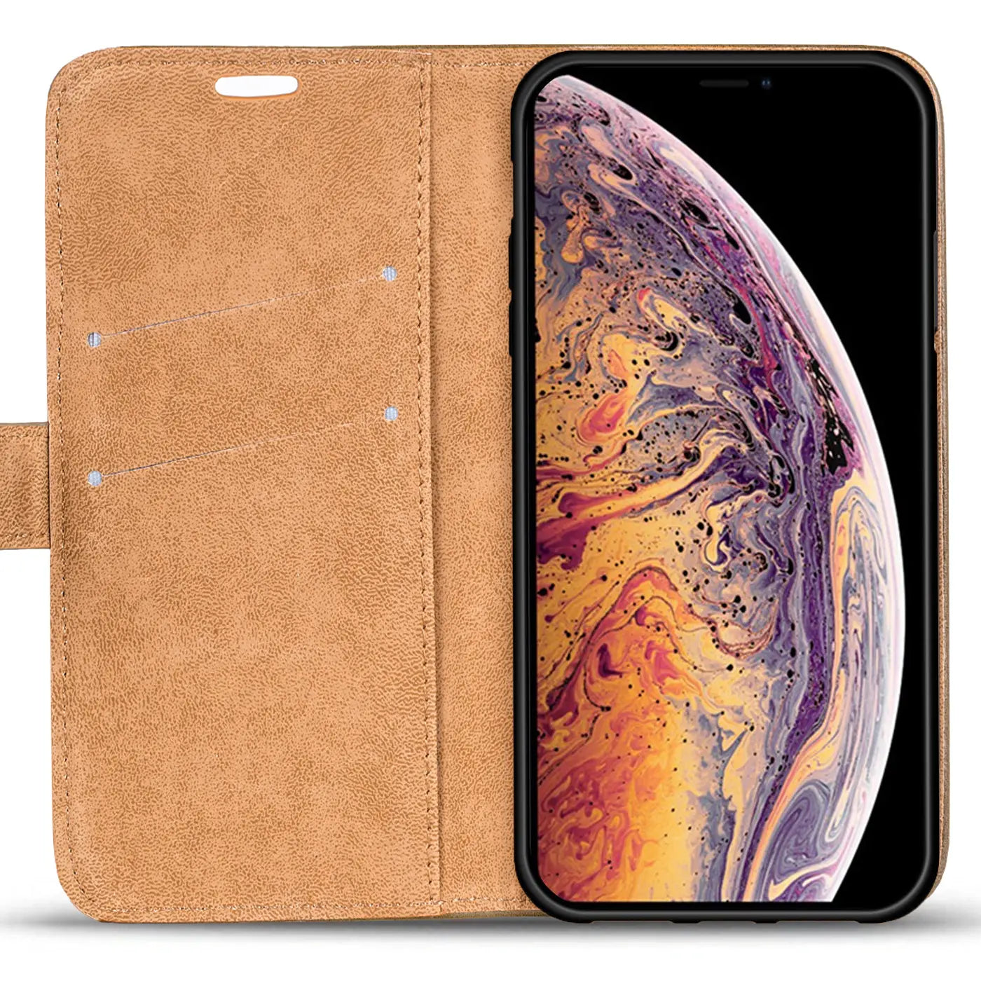 Braune Kunstledertasche mit Geldfach, offen, zeigt iPhone Xs Max.