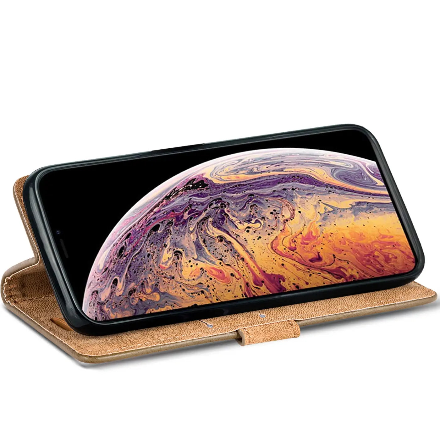 Braun lederne Klapphülle mit Geldfach für iPhone Xs Max, Seitenansicht