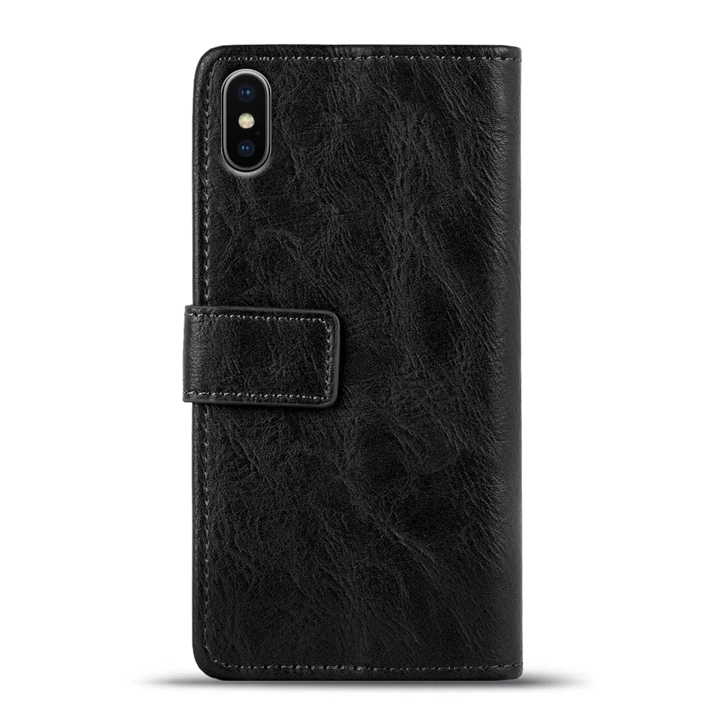 Schwarze Leder-Klapphülle mit Magnetverschluss für iPhone Xs Max, von vorne gesehen.
