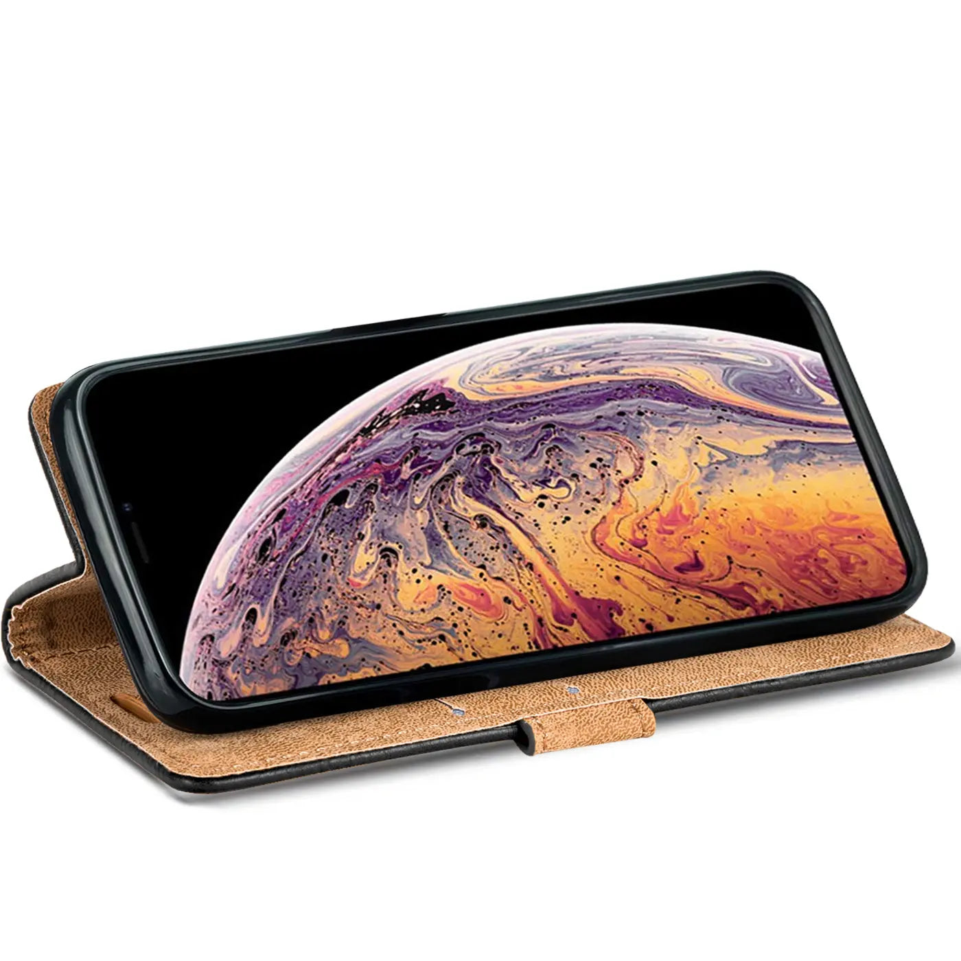 Schwarze Leder-Klapphülle mit braunem Innenfutter für iPhone Xs Max, Seitenansicht.