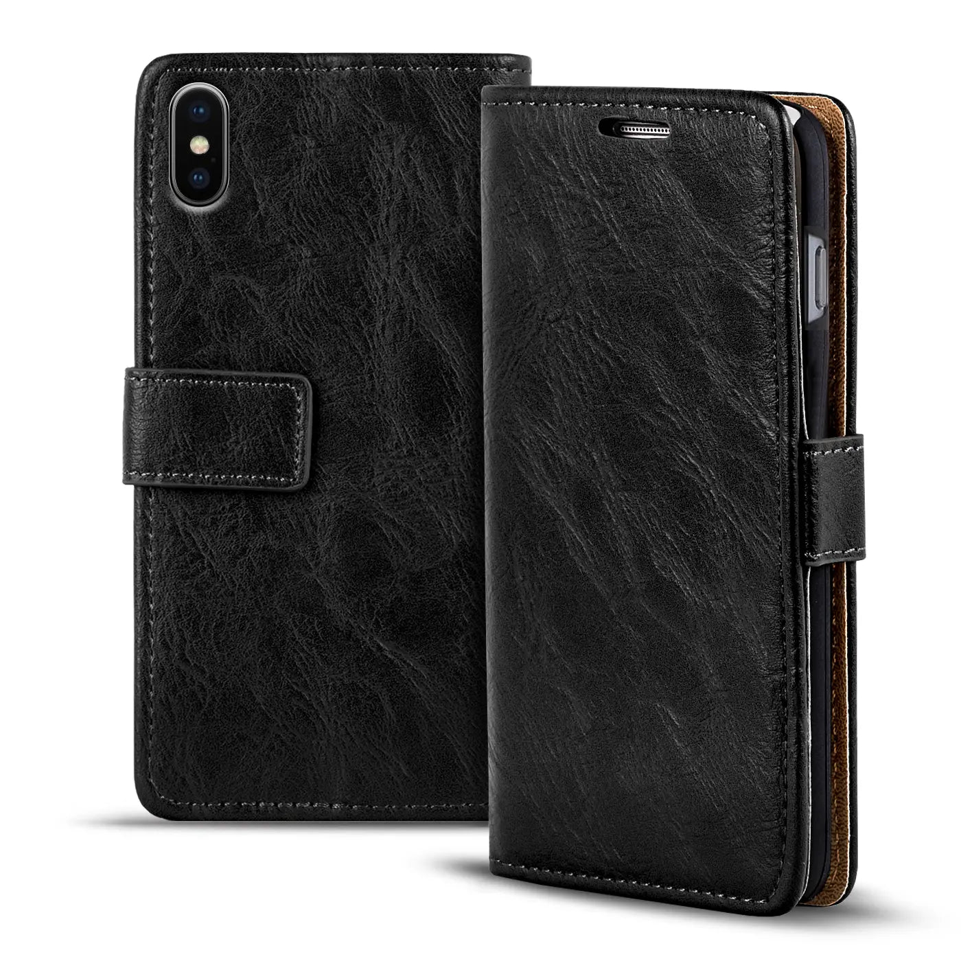 Schwarze Leder-Klapphülle für iPhone Xs Max, von vorne/seitlich betrachtet.