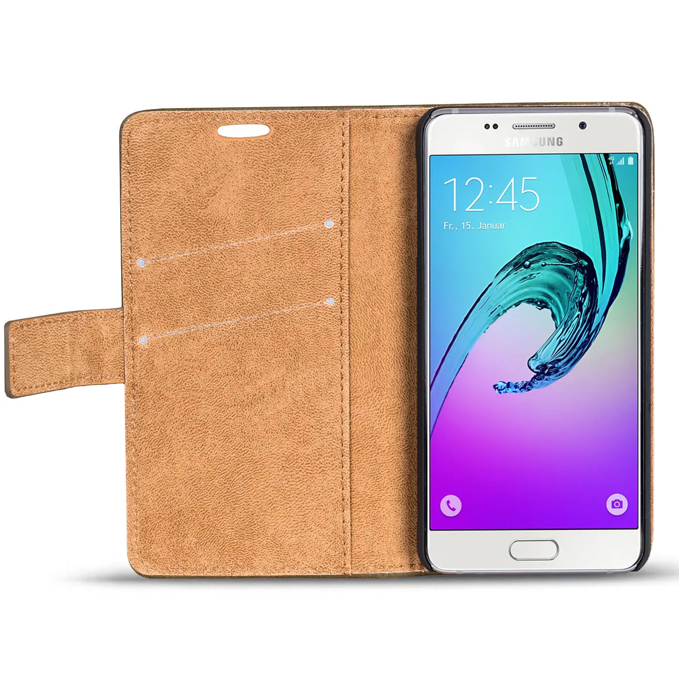 Braune Kunstleder-Klapphülle mit Kartenfächern, zeigt ein Samsung Galaxy A3 2016.