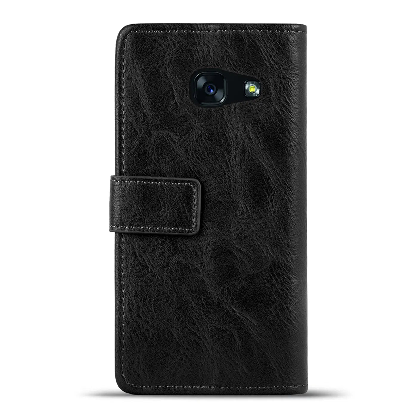 Schwarze Leder-Klapphülle mit Geldfach für Samsung Galaxy A3 2017, Vorderansicht.