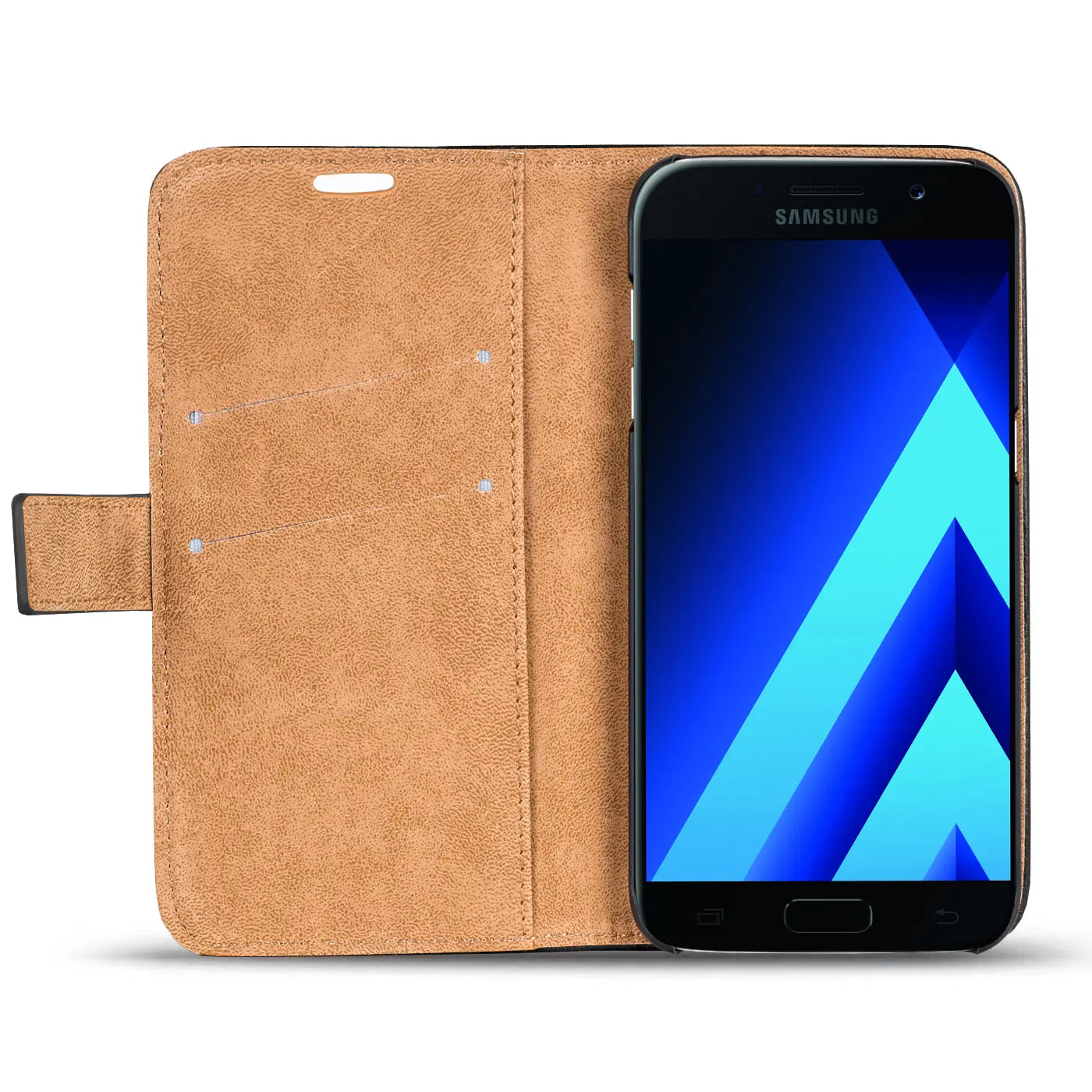 Braune Kunstleder-Klapphülle mit Geldfach, Vorderansicht, mit Samsung Galaxy A3 2017