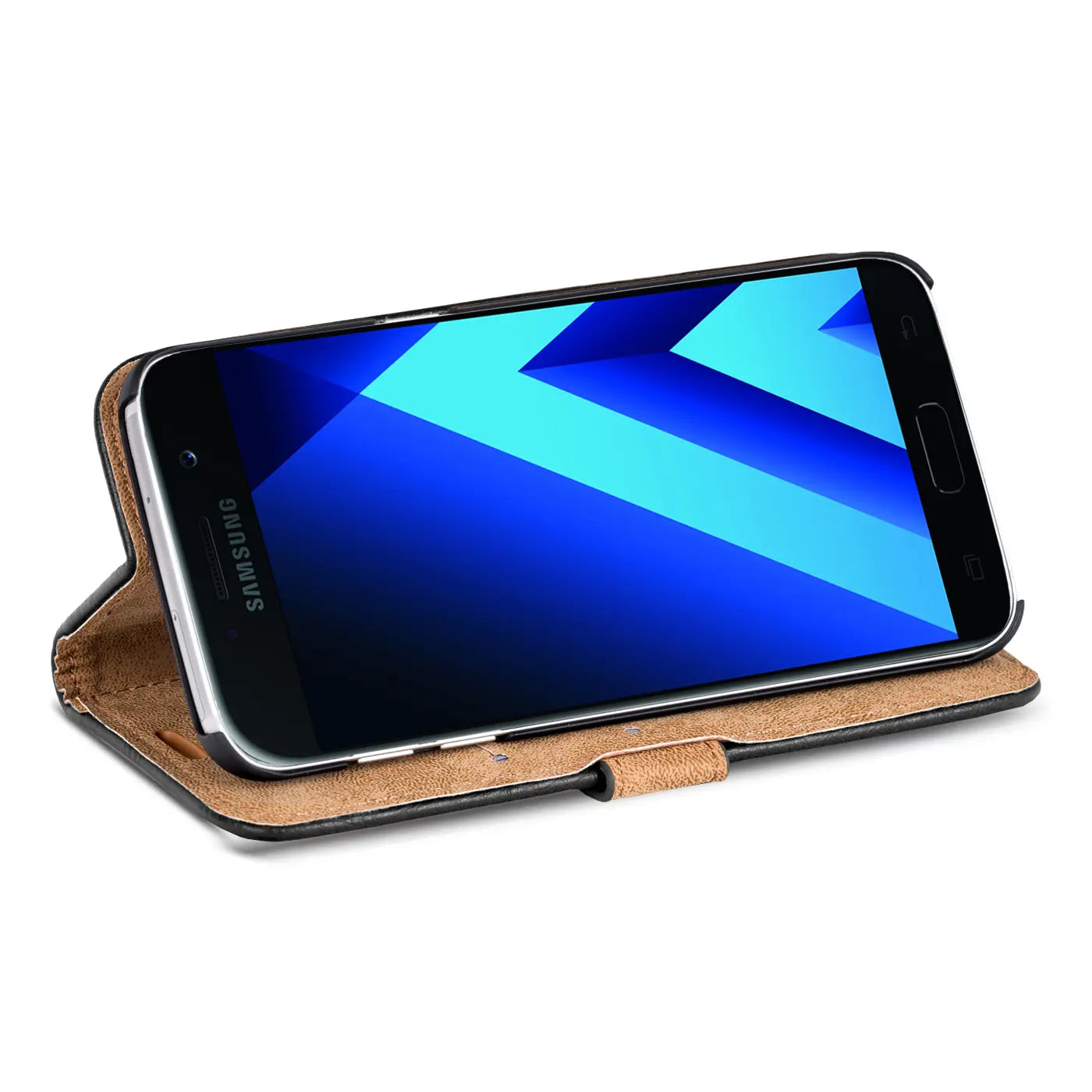 Schwarze Retro-Klapphülle aus Leder mit braunem Innenfutter, zeigt Samsung Galaxy A3 2017 von vorne.