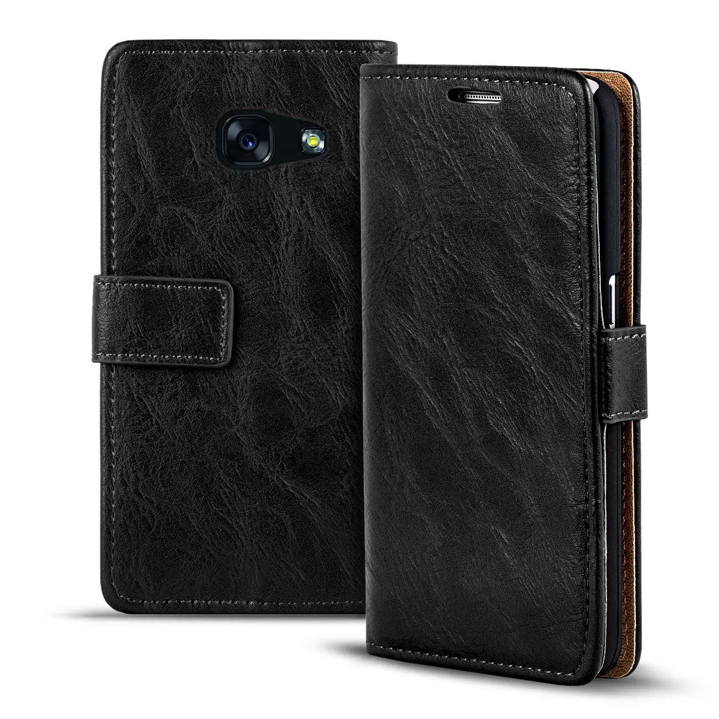 Schwarze Leder-Klapphülle für Samsung Galaxy A3 2017, von vorne/seitlich