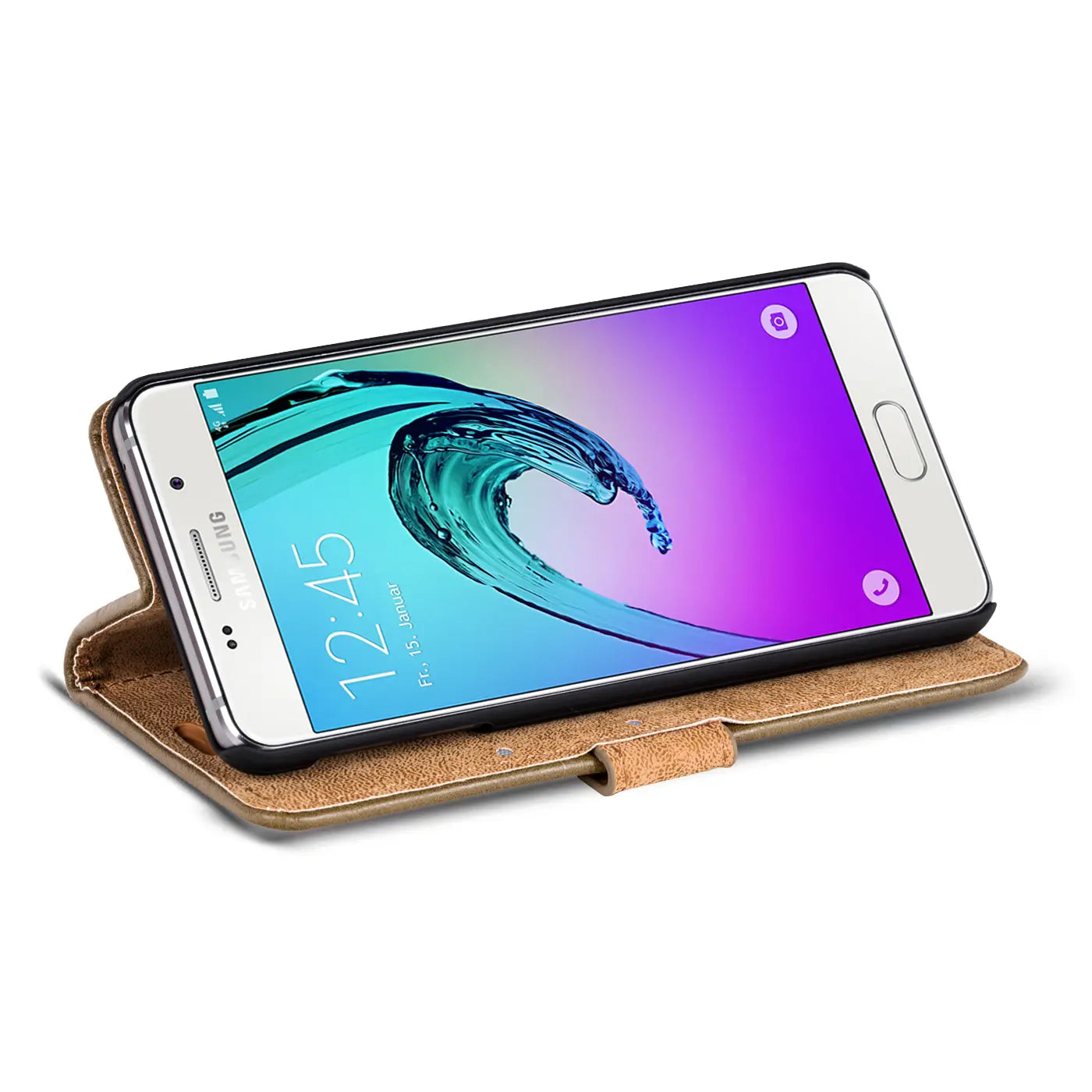 Braune Leder-Klapphülle mit Samsung Galaxy A5 2016, von vorne schräg