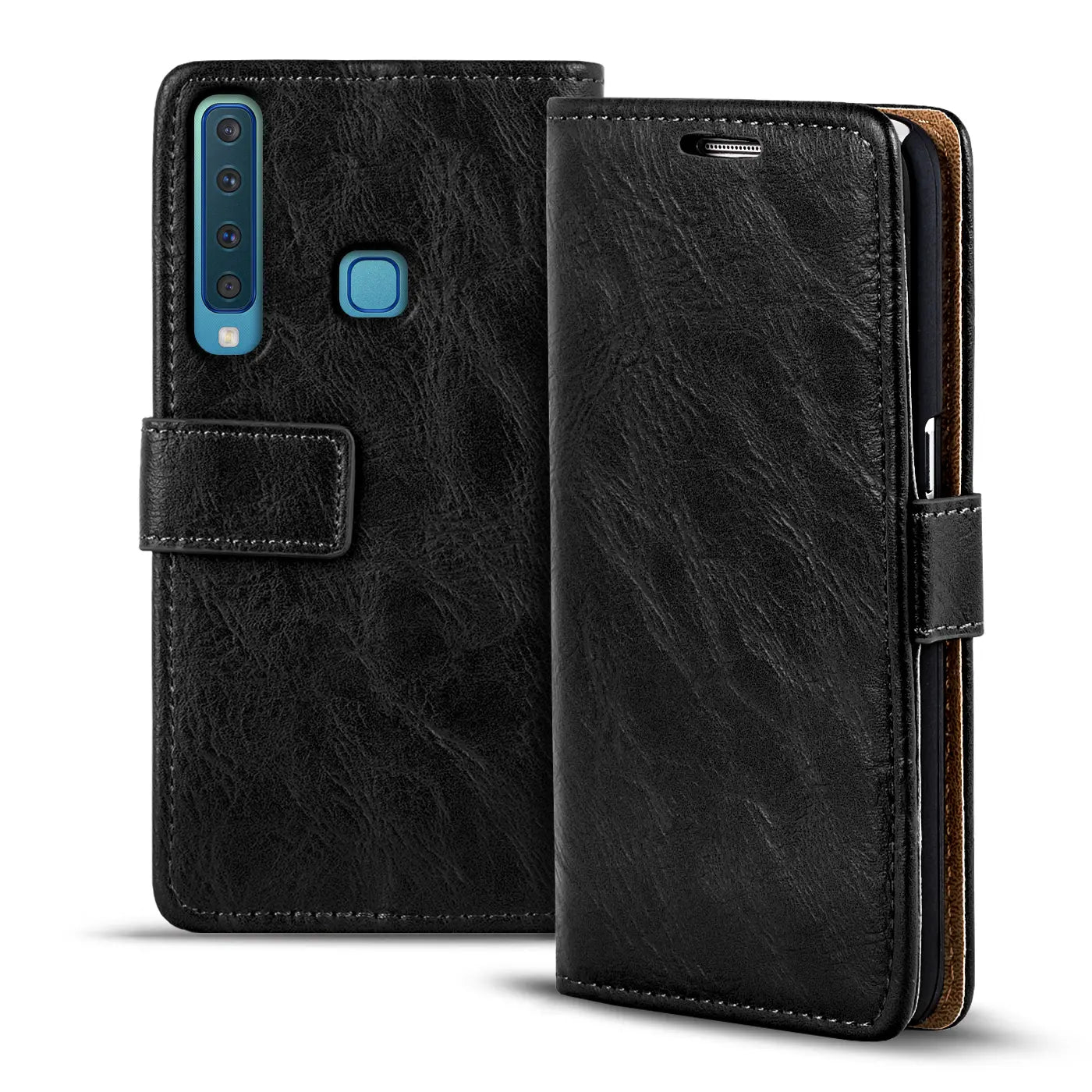 Schwarze Leder-Klapphülle mit Geldfach für Samsung Galaxy A9 2018, Vorderansicht