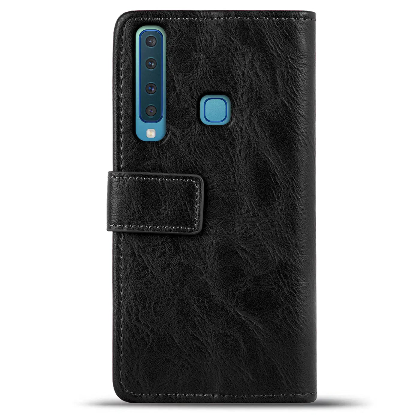 Schwarze Leder-Klapphülle mit Geldfach für Samsung Galaxy A9 2018, Rückansicht