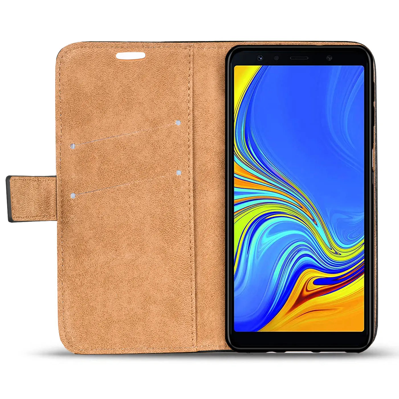 Braune Kunstleder-Klapphülle mit Geldfach, zeigt Samsung Galaxy A9 2018.