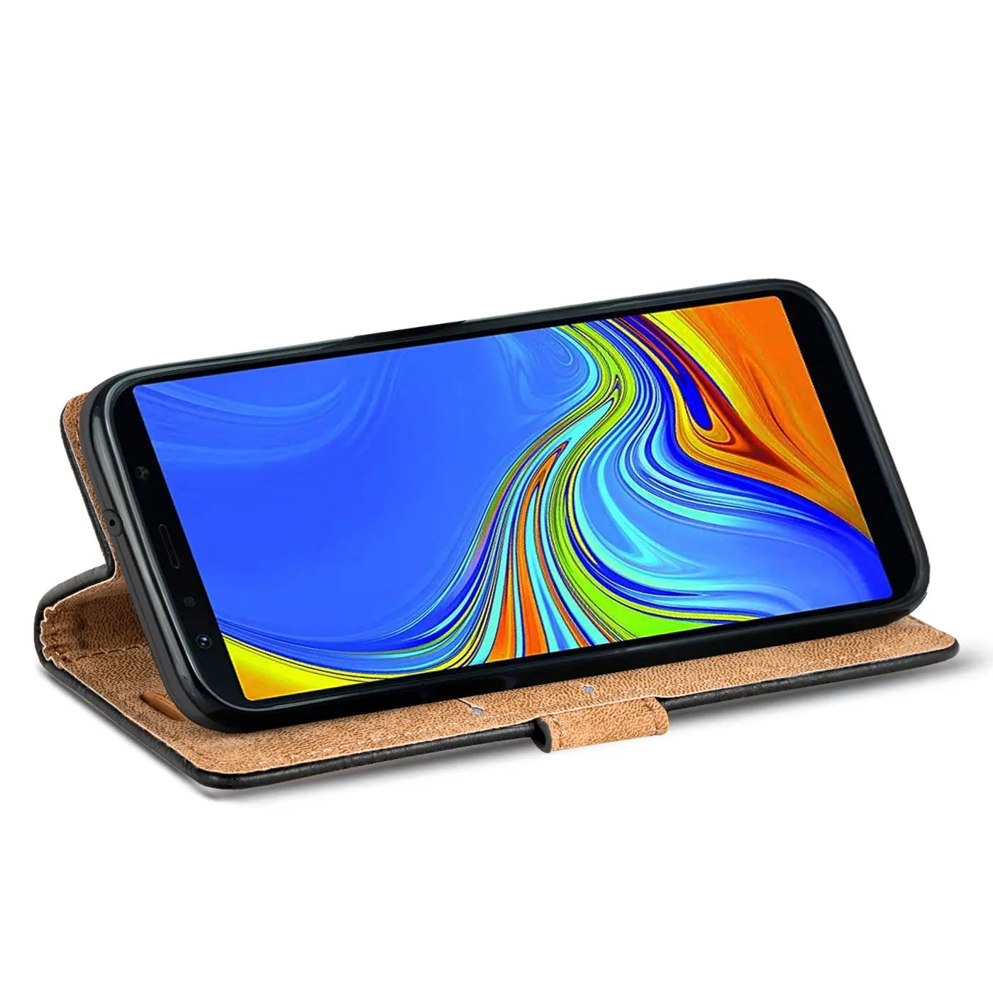 Braune Leder-Klapphülle mit Geldfach, zeigt Samsung Galaxy A9 2018 von vorne, leicht schräg.