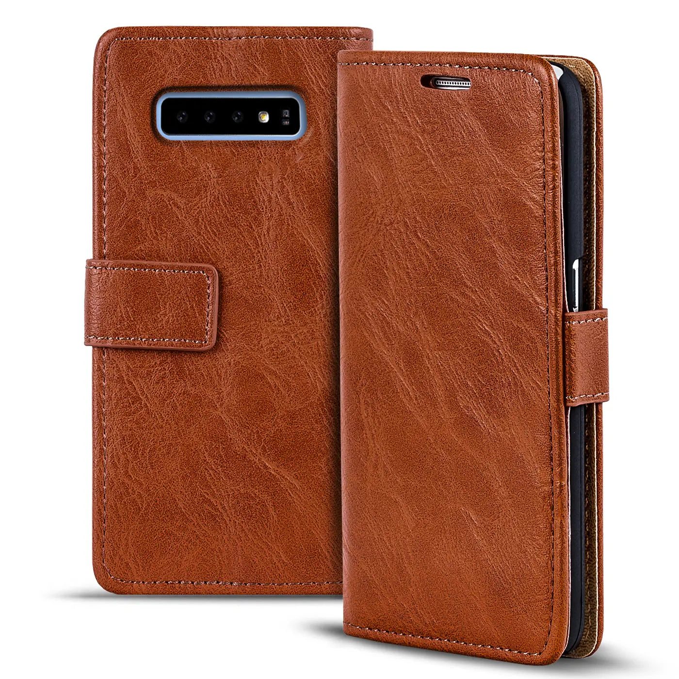 Braune Leder-Klapphülle für Samsung Galaxy S10e, von vorne und seitlich gezeigt.