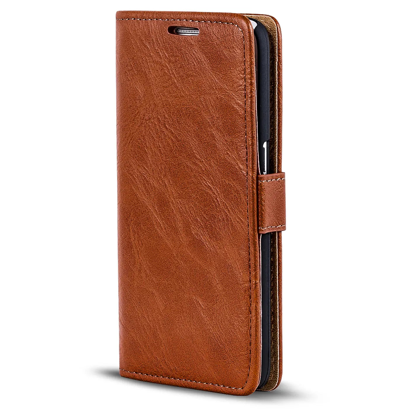 Braune Leder-Klapphülle mit Geldfach, Seitenansicht, für Samsung Galaxy S10e.