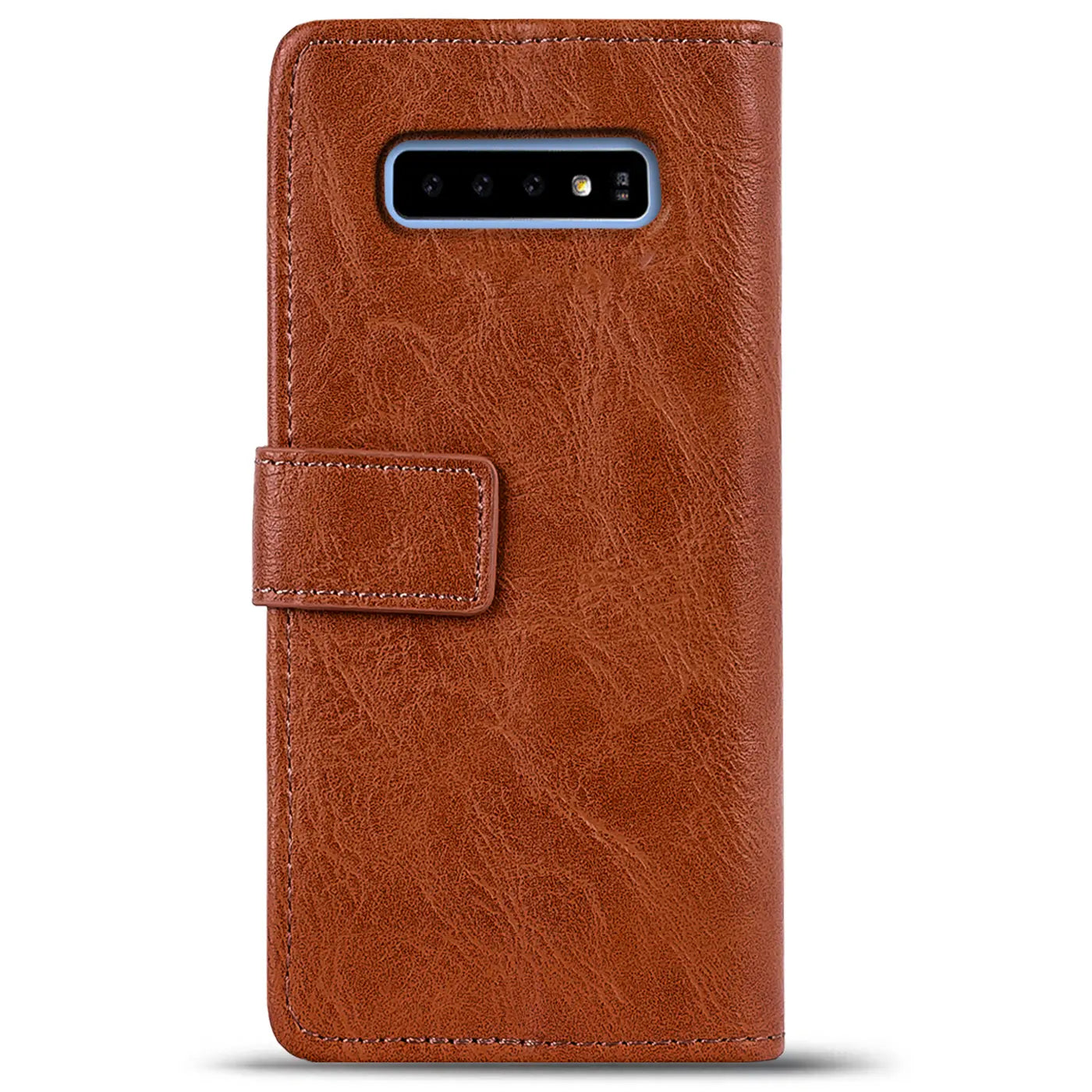 Braune Leder-Klapphülle mit Geldfach für Samsung Galaxy S10e, von vorne gesehen.