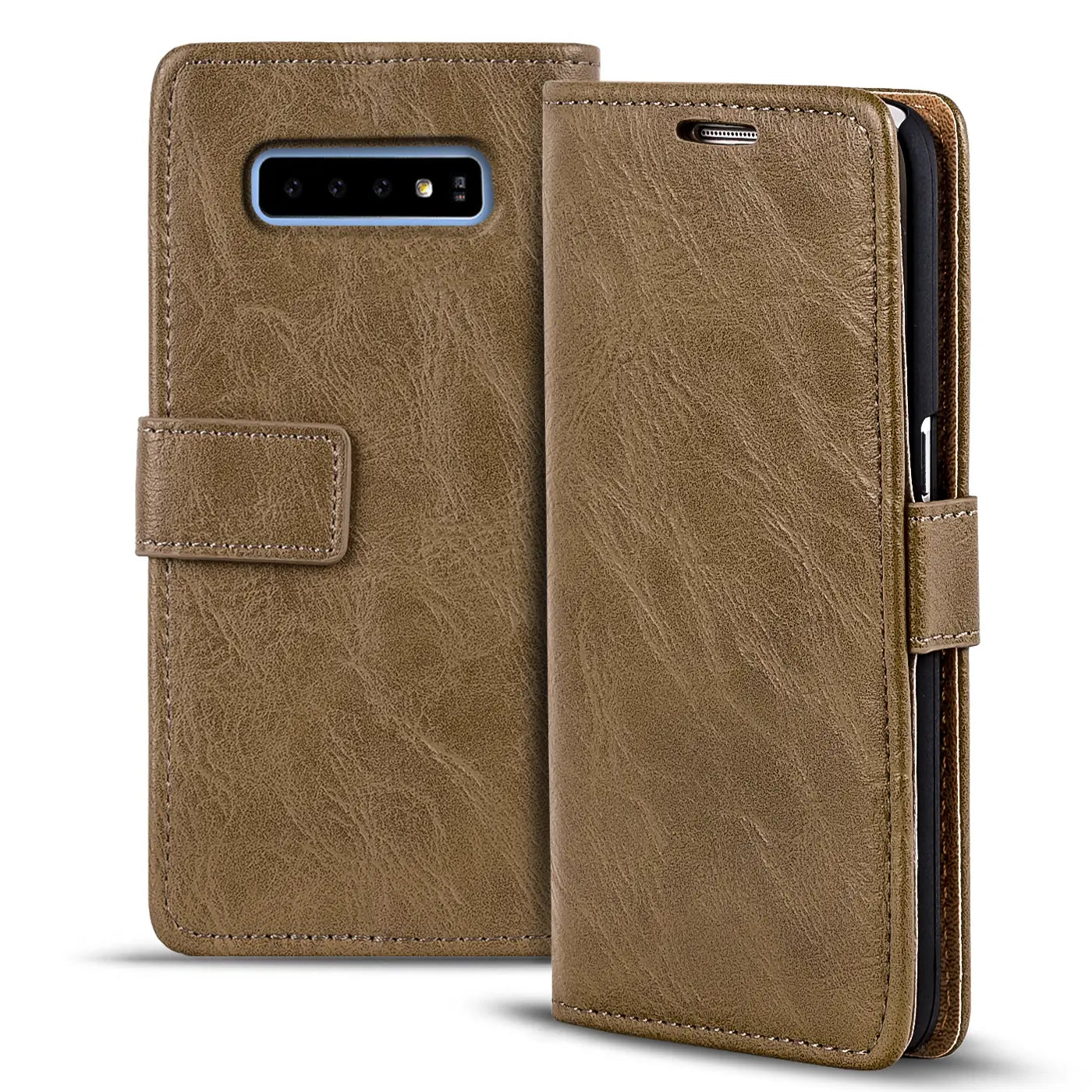 Braune Leder-Klapphülle mit Geldfach für Samsung Galaxy S10e, Vorder- und Seitenansicht