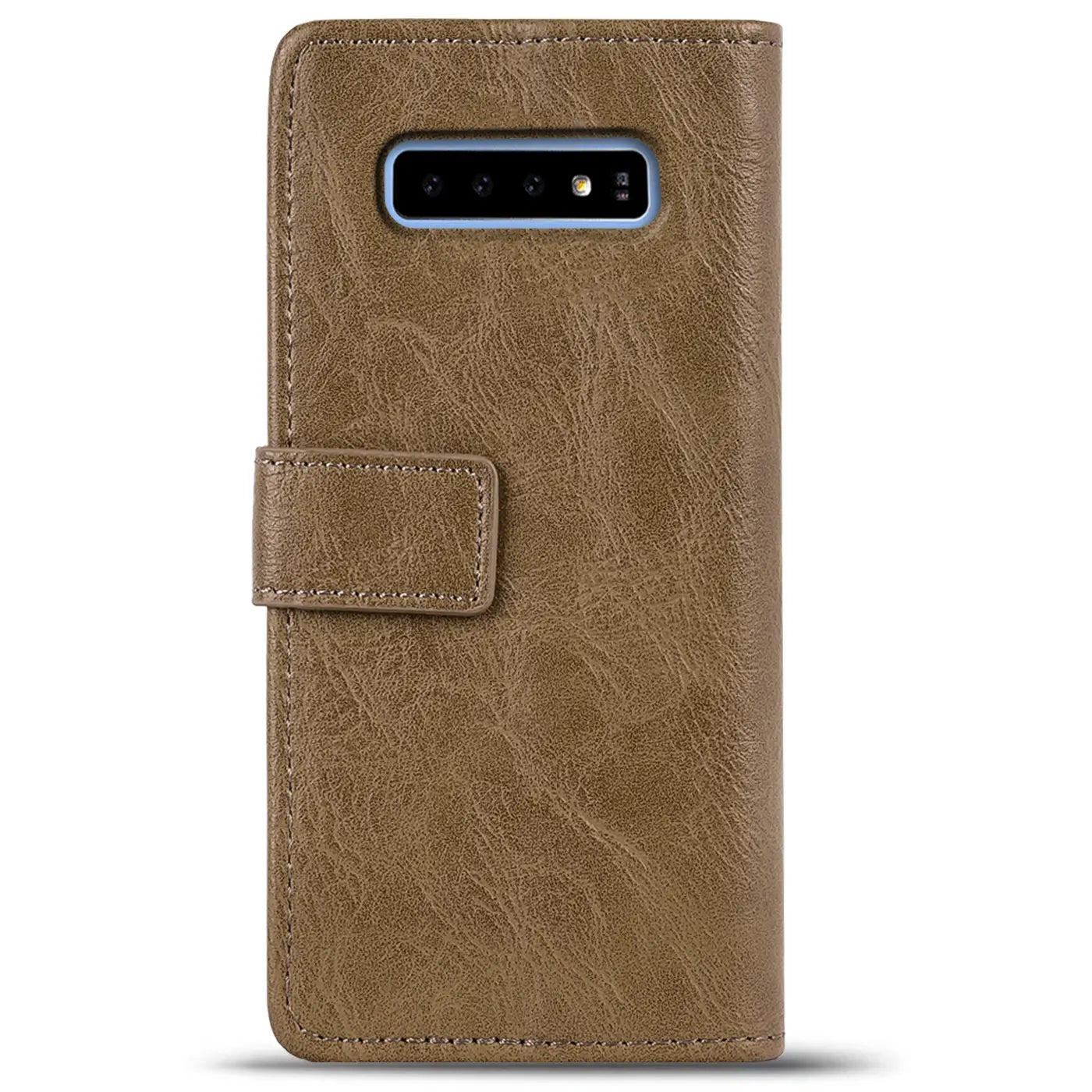 Braune Kunstleder-Klapphülle mit Magnetverschluss für Samsung Galaxy S10e, Rückansicht.