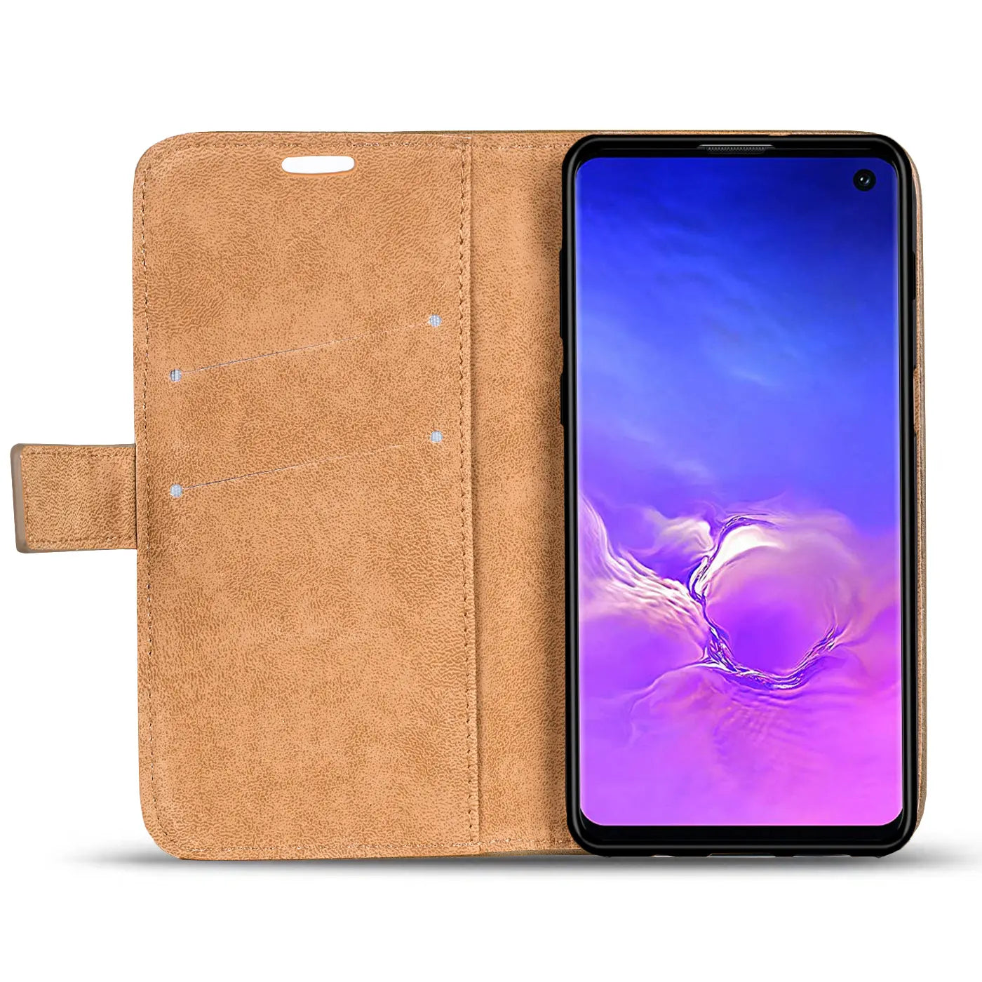 Braune Kunstleder-Klapphülle mit Geldfach für Samsung Galaxy S10e, von vorne