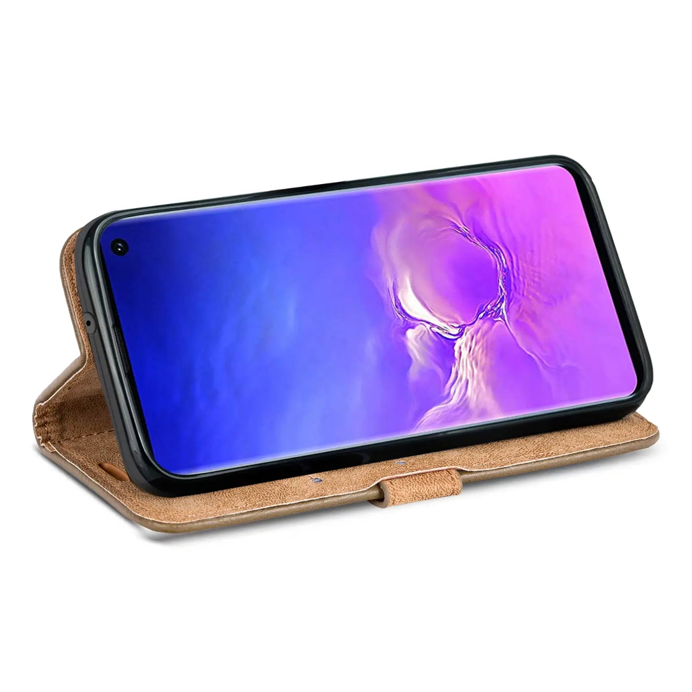 Braune Leder-Klapphülle mit Geldfach für Samsung Galaxy S10e, Seitenansicht.