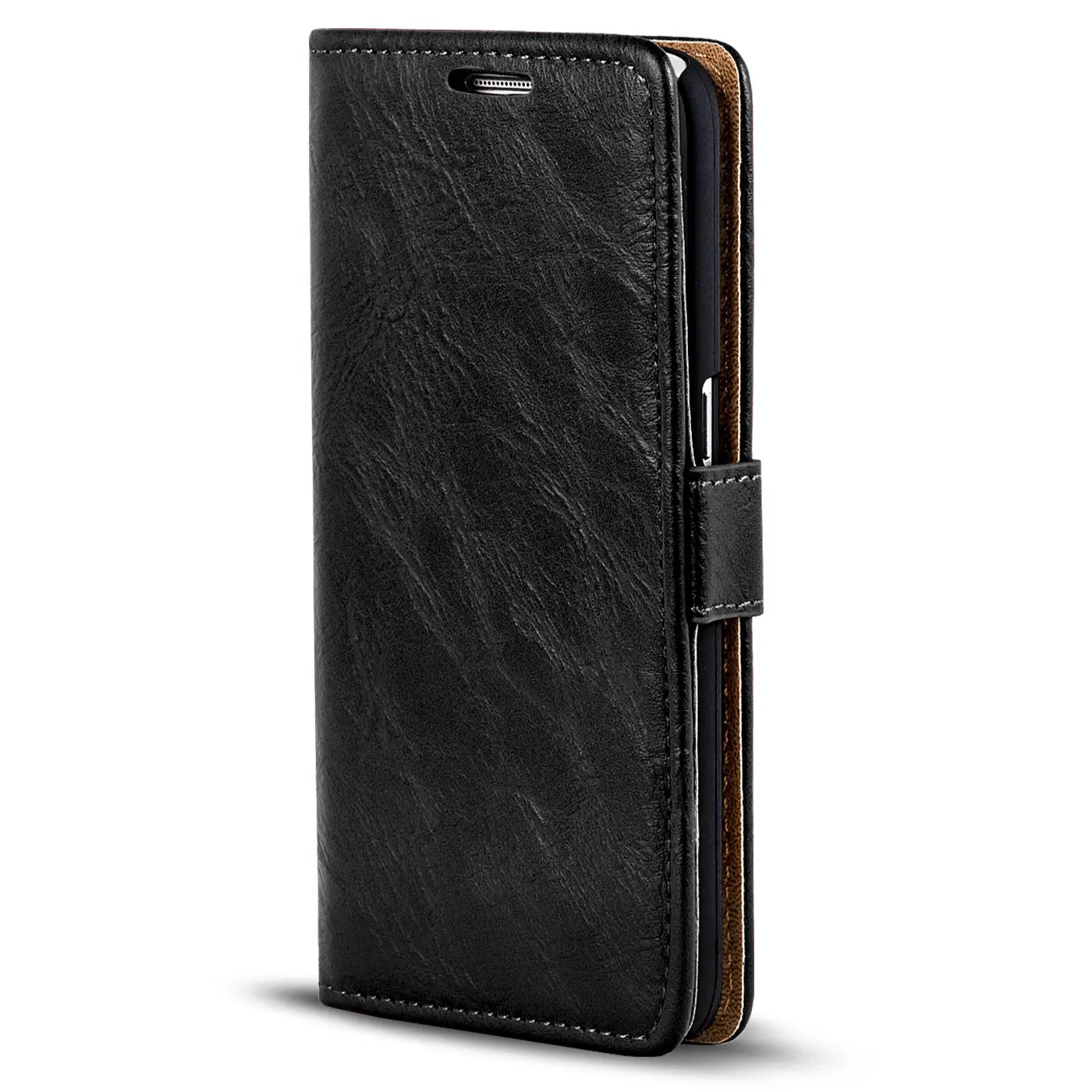 Schwarze Leder-Klapphülle mit braunem Innenleben, Seitenansicht, für Samsung Galaxy S10e.