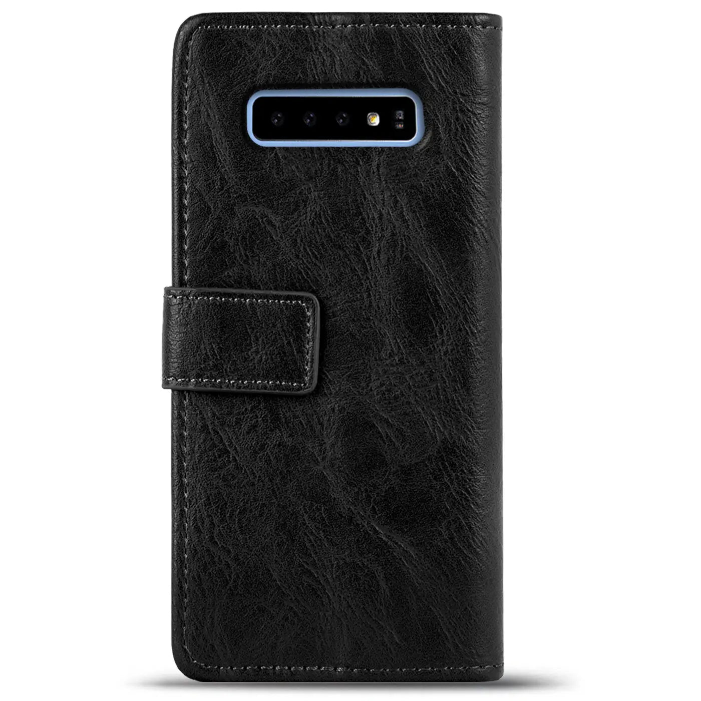 Schwarze Leder-Klapphülle mit Geldfach für Samsung Galaxy S10e, von vorne gesehen.