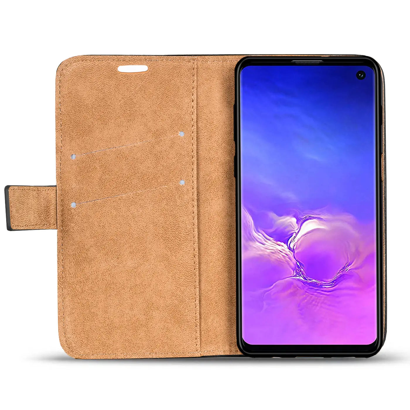 Braune Kunstleder Klapphülle mit Kartenfächern, Samsung Galaxy S10e von vorne