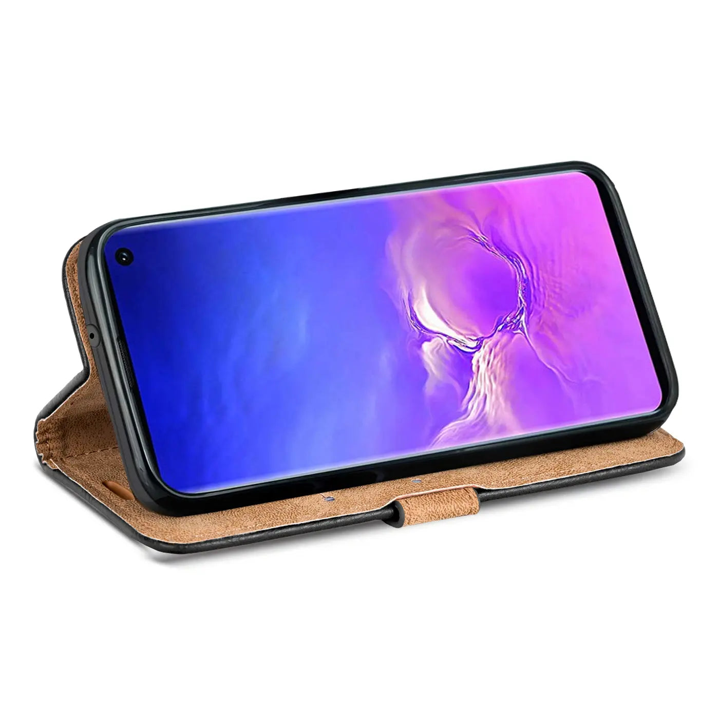 Braune Leder-Klapphülle mit Geldfach für Samsung Galaxy S10e, von vorne schräg