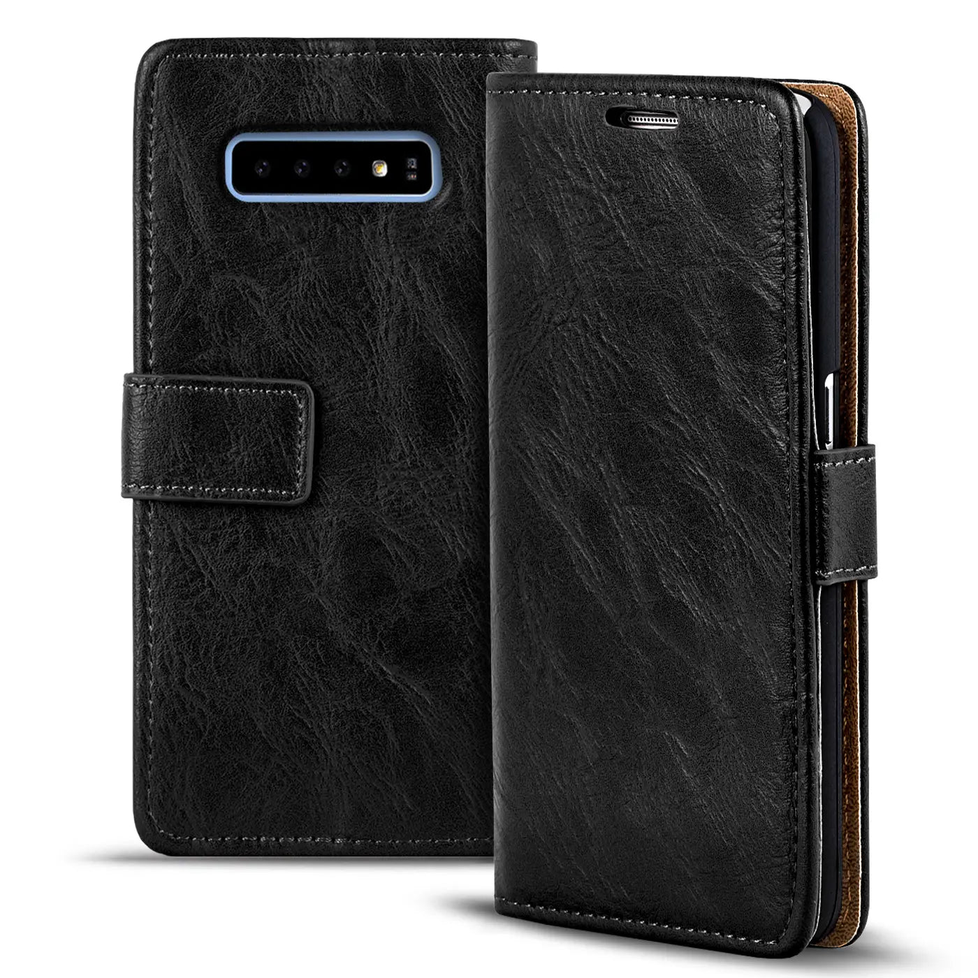 Schwarze Leder-Klapphülle für Samsung Galaxy S10e, von vorne und seitlich
