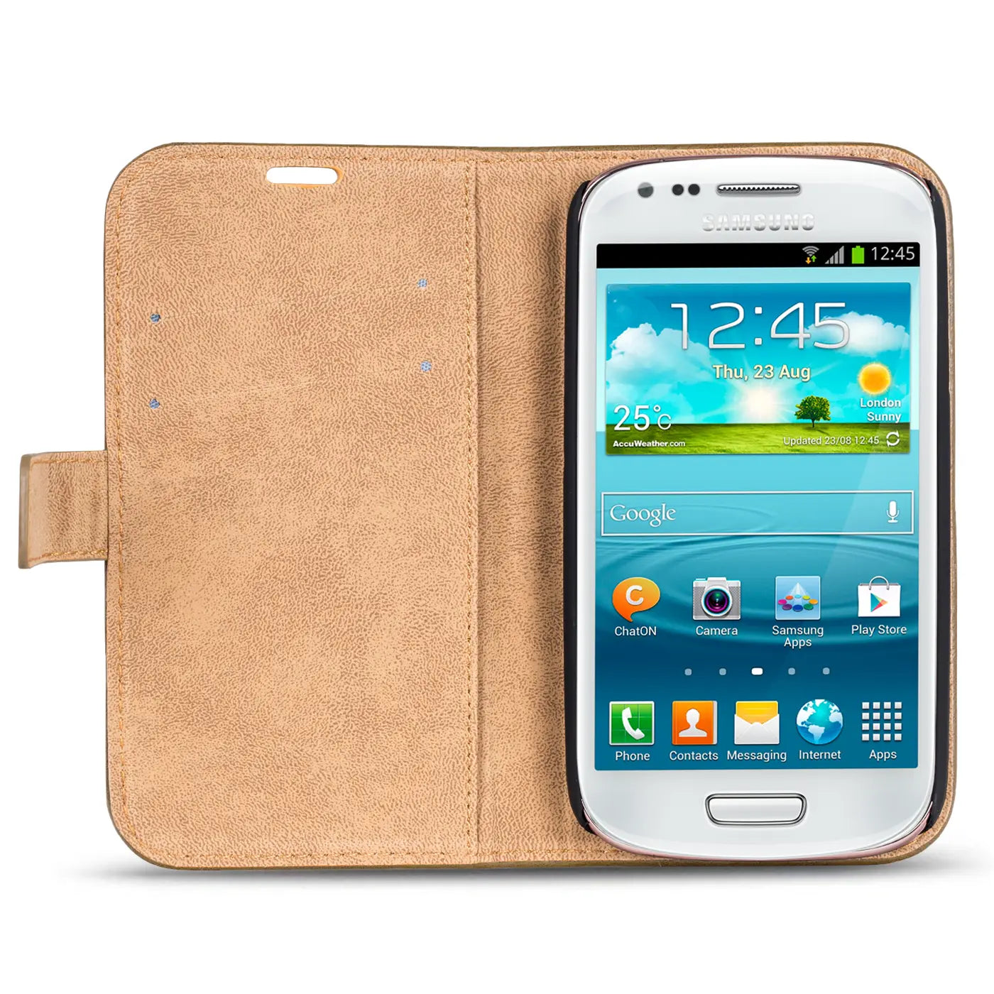 Braune Kunstleder-Klapphülle mit weißem Samsung Galaxy S3 Mini, Vorderansicht.