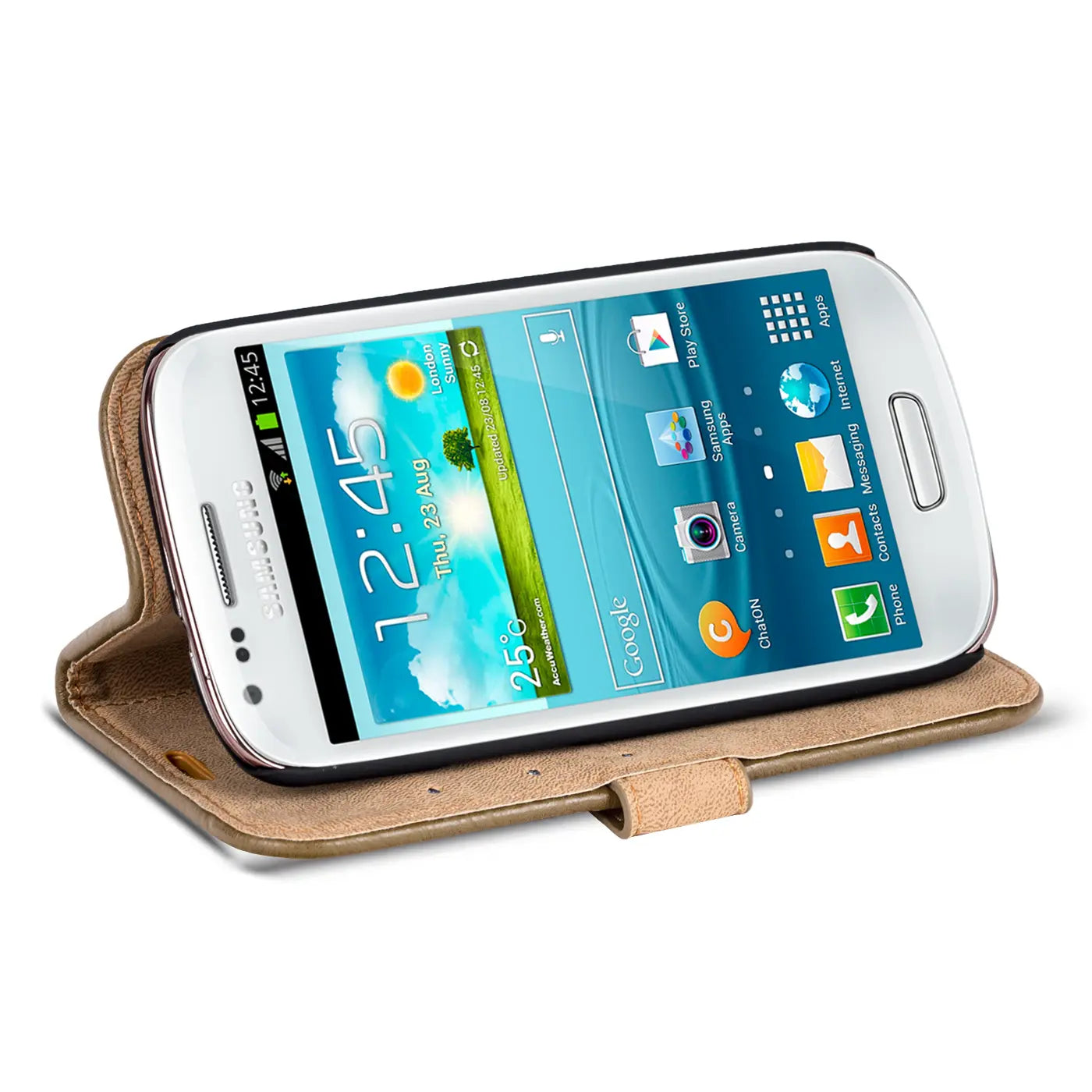 Samsung Galaxy S3 Mini in brauner Leder-Klapphülle, von vorne schräg gezeigt.