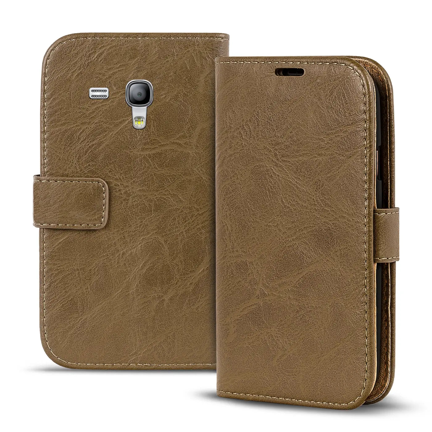 Braune Kunstleder-Klapphülle, Vorder- und Rückansicht, für Samsung Galaxy S3 Mini.