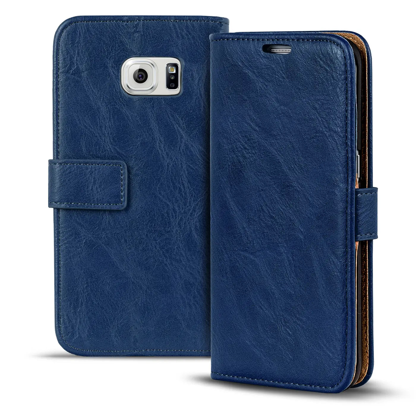 Blaue Leder-Klapphülle, Vorder- und Rückansicht, für Samsung S6 Edge