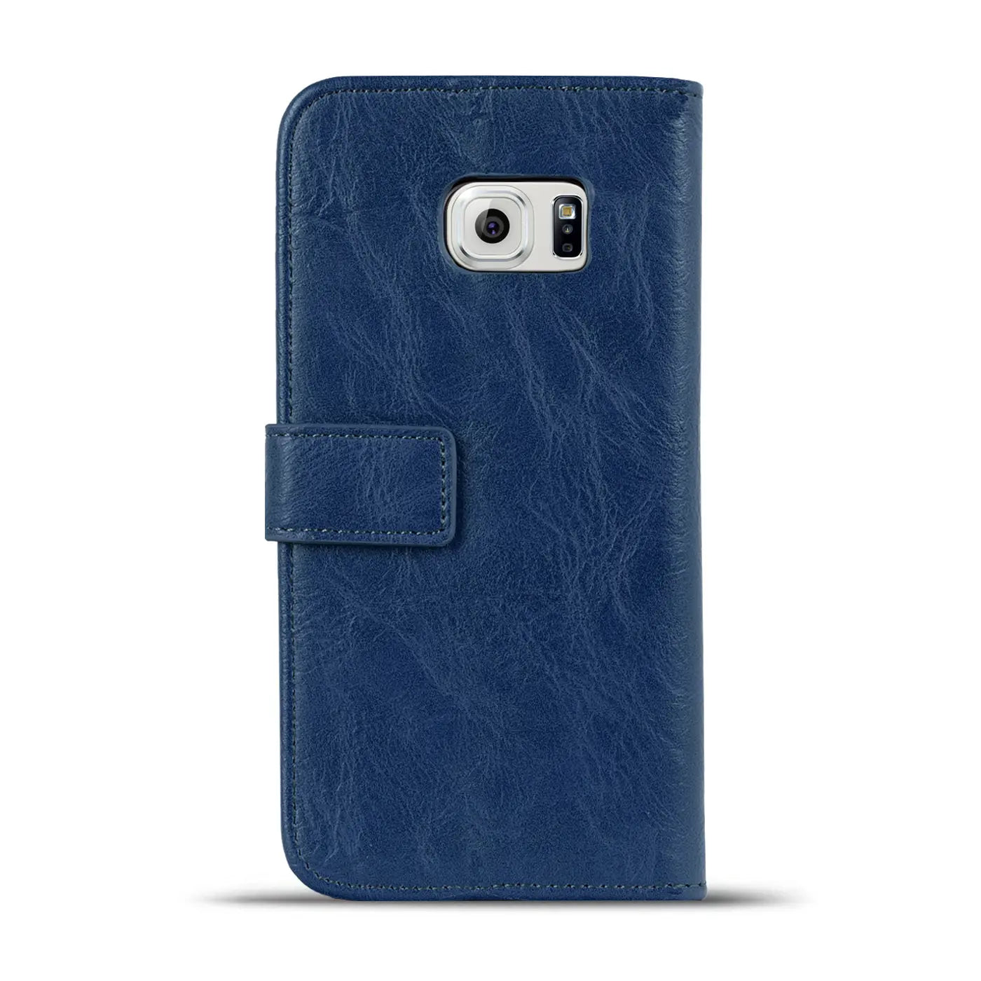 Blaue Leder-Klapphülle mit Magnetverschluss für Samsung Galaxy S6 Edge, Rückansicht.