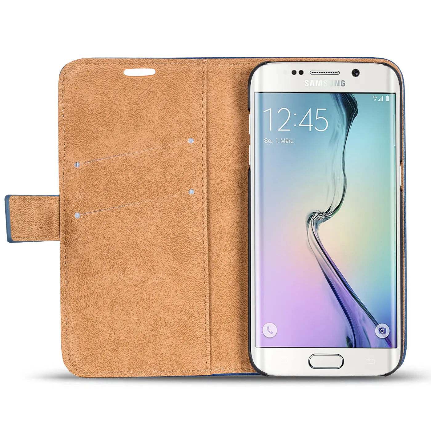 Braune Kunstleder-Klapphülle mit Kartenfächern, zeigt Samsung S6 Edge, Frontansicht.