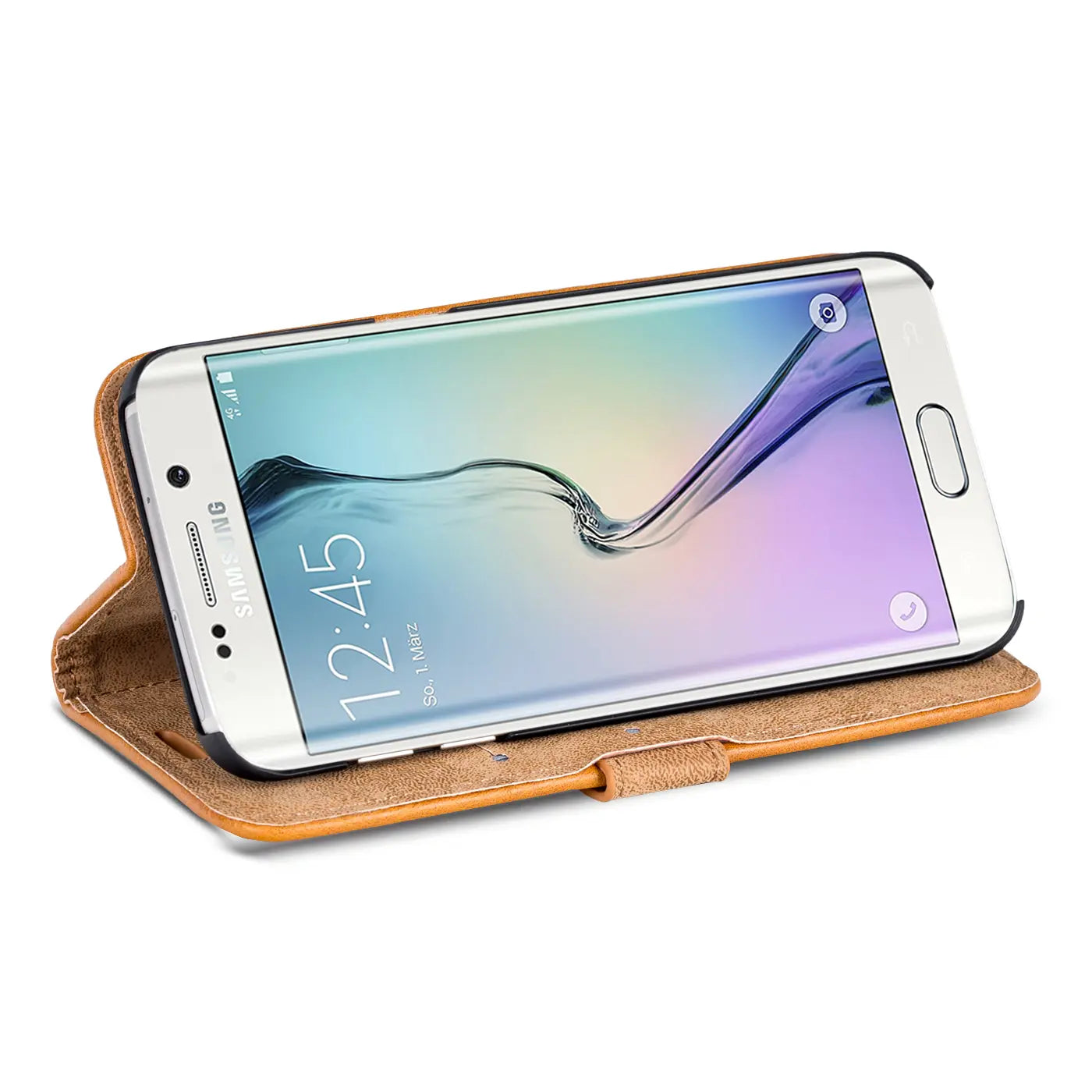 Braune Leder-Klapphülle mit Samsung Galaxy S6 Edge, von vorne schräg