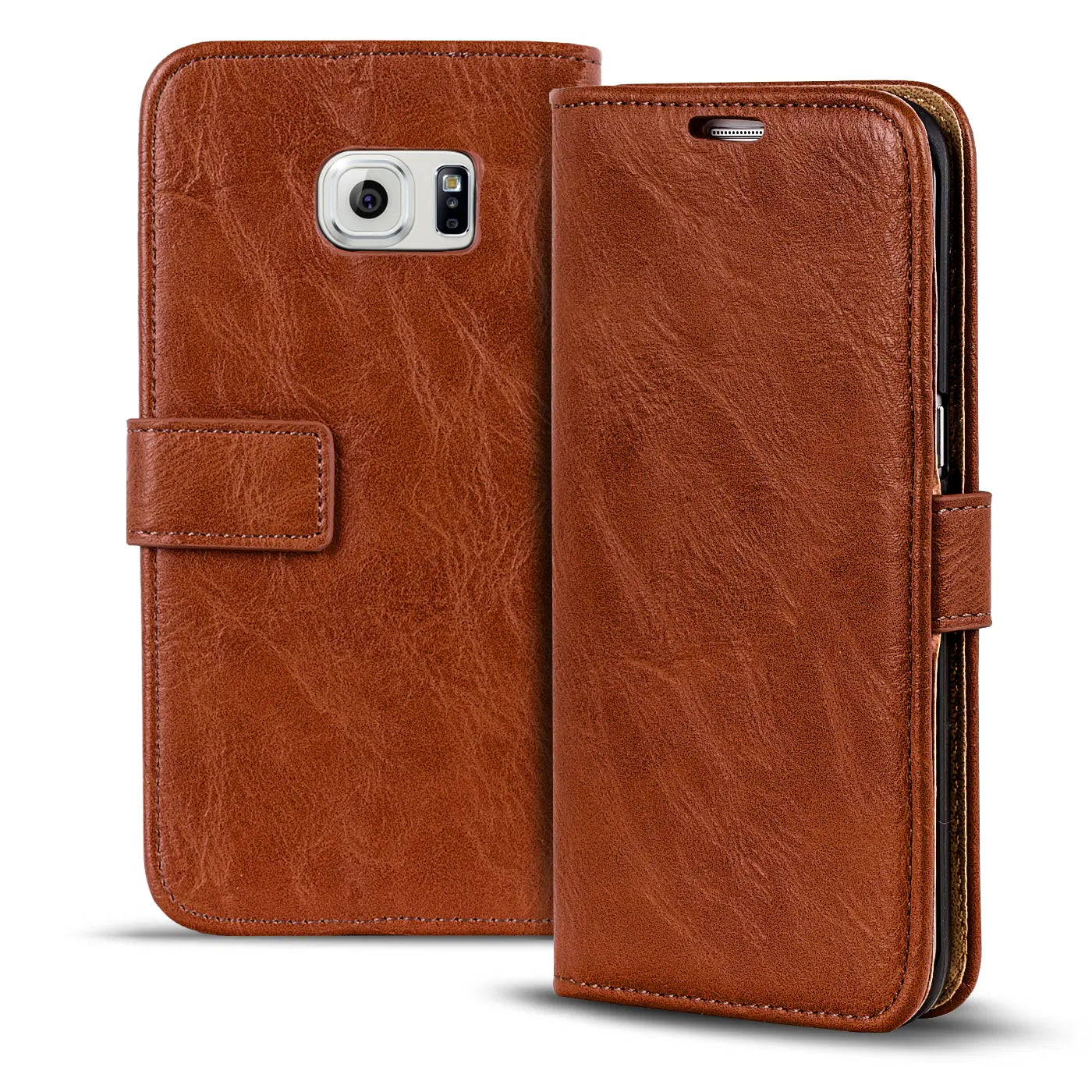 Braune Leder-Klapphülle für Samsung S6 Edge, Rückseite und Vorderseite sichtbar