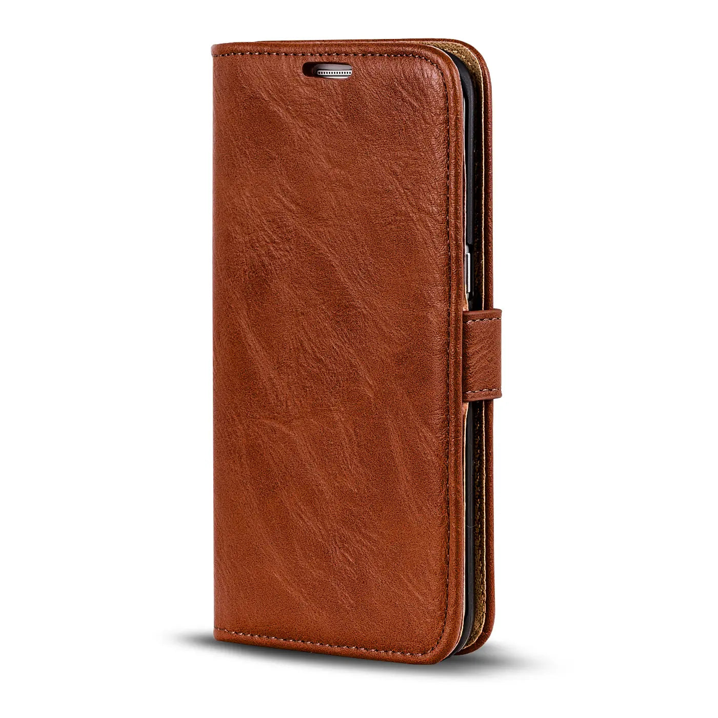 Braune Leder-Klapphülle, von vorne leicht schräg, für Samsung Galaxy S6 Edge.