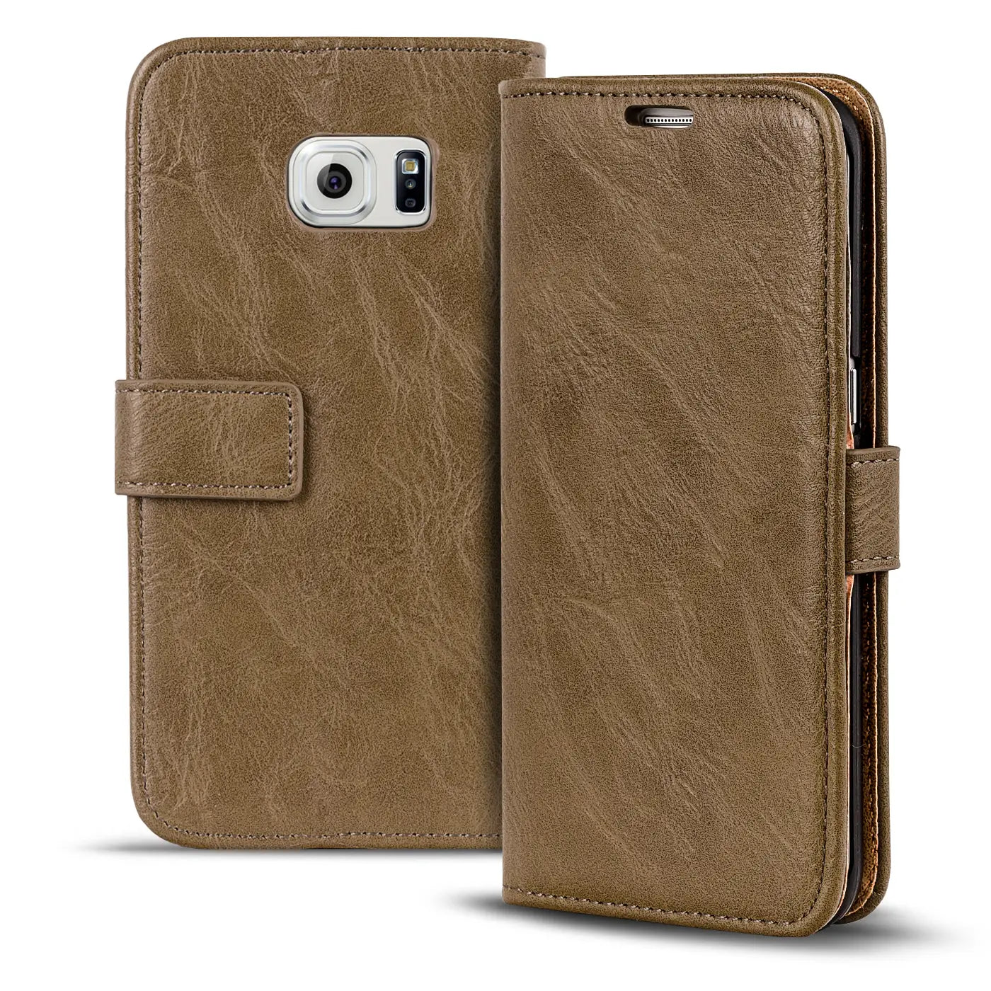 Braune Leder-Klapphülle für Samsung Galaxy S6 Edge, von vorne und seitlich gezeigt.