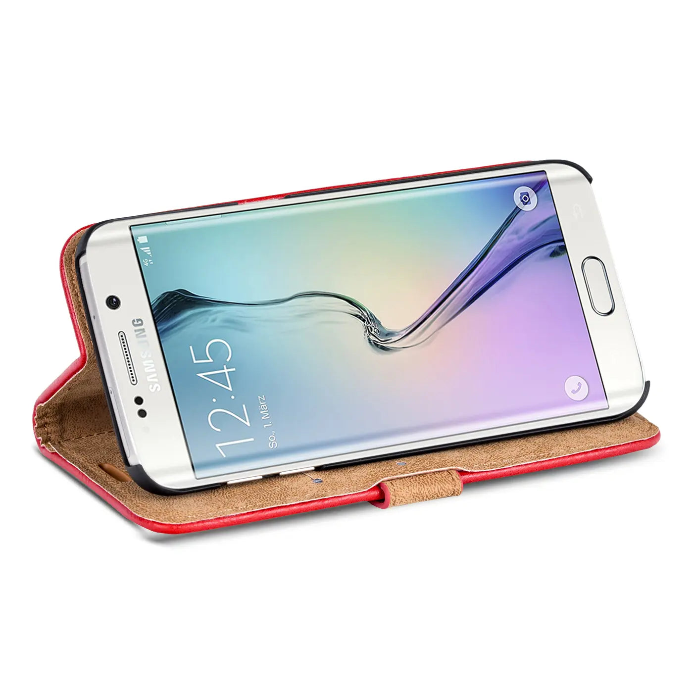 Rote Leder-Klapphülle mit braunem Innenfutter, zeigt Samsung Galaxy S6 Edge von vorne.