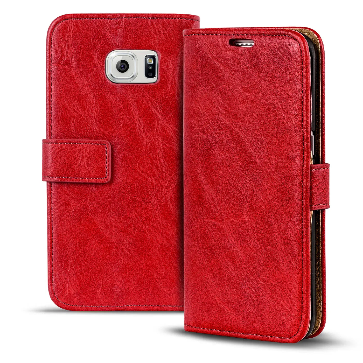 Rote Leder-Klapphülle mit Geldfach für Samsung Galaxy S6 Edge, Vorder- und Rückansicht.