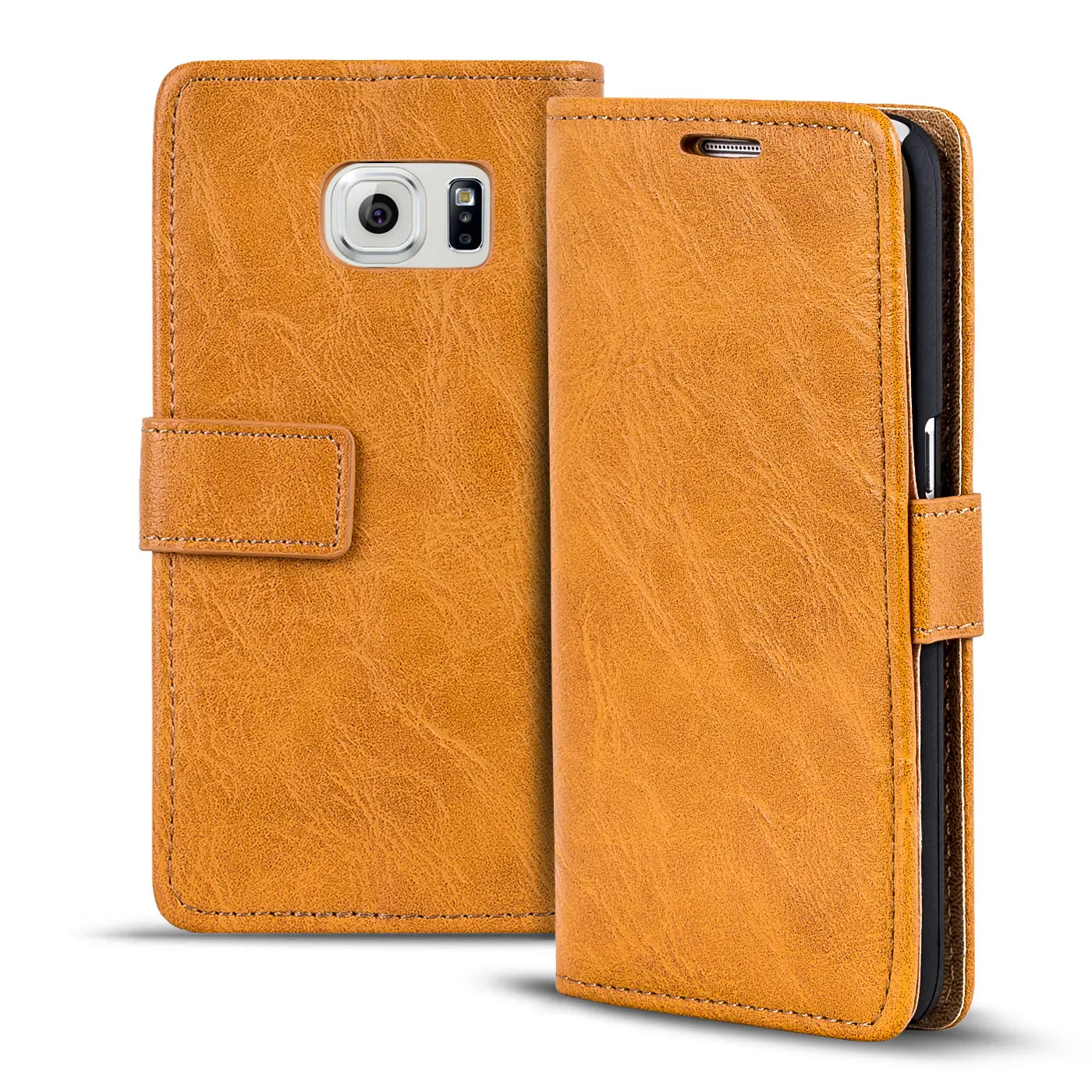 Braune Leder-Klapphülle mit Geldfach, Vorder- und Seitenansicht, für Samsung Galaxy S6.