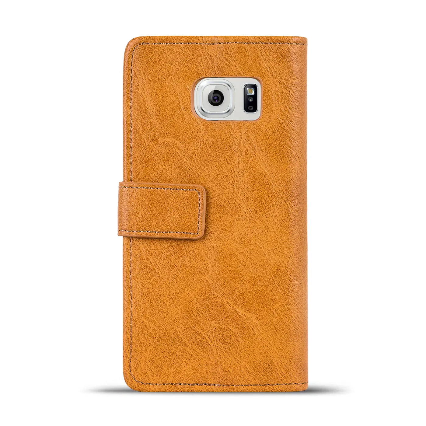 Braune Leder-Klapphülle mit Magnetverschluss, Vorderansicht, Samsung Galaxy S6 erkennbar.