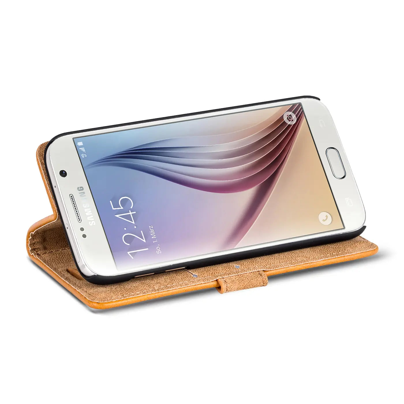 Braunes Leder-Klapphülle mit Samsung Galaxy S6, von vorne schräg