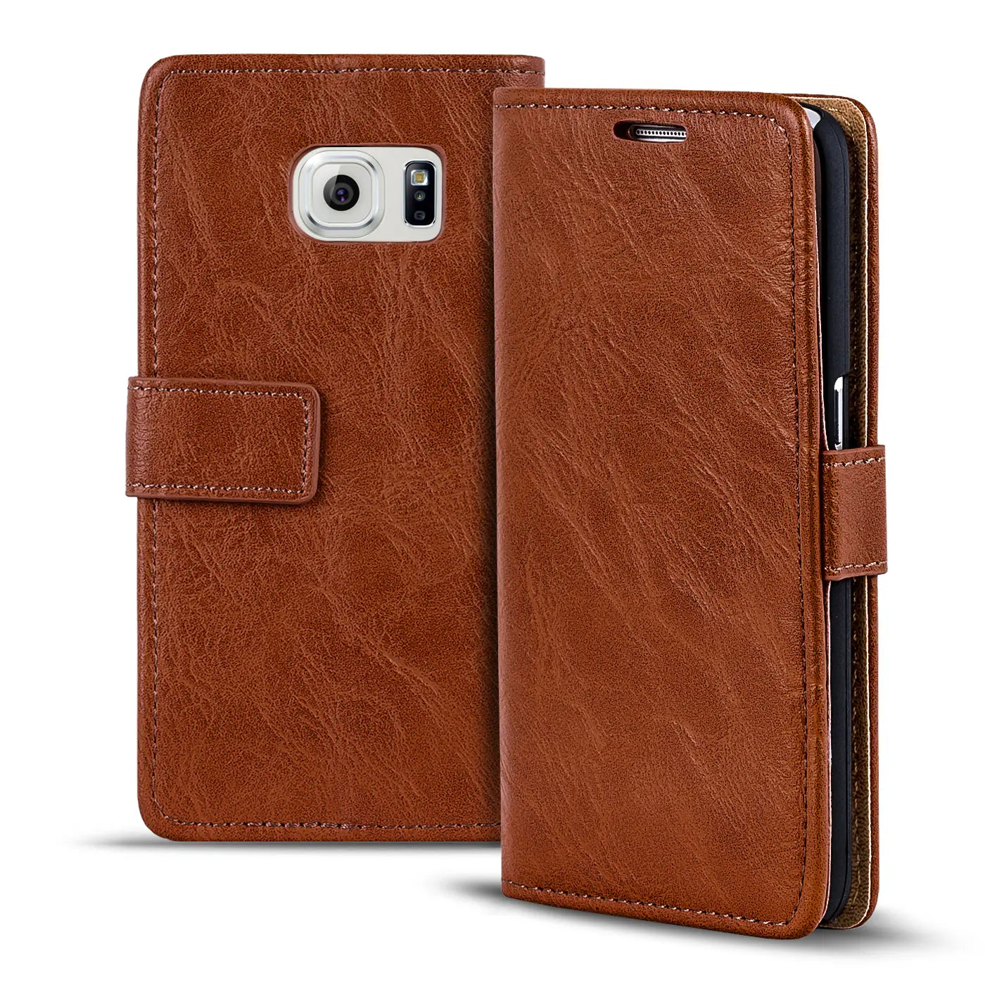 Braune Leder-Klapphülle für Samsung Galaxy S6, von vorne und seitlich gezeigt.