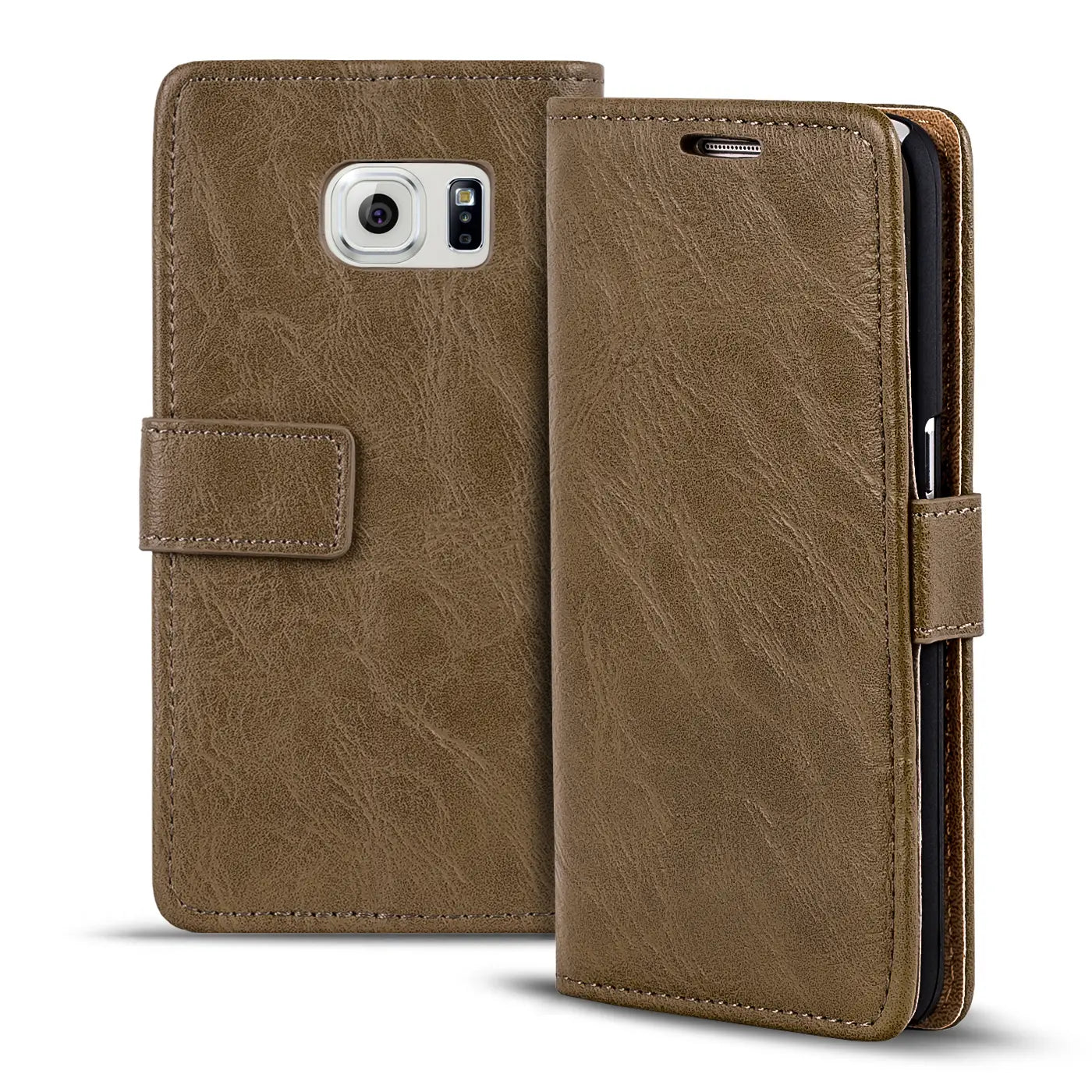 Braune Leder-Klapphülle für Samsung Galaxy S6, von vorne und geöffnet, mit Geldfach.