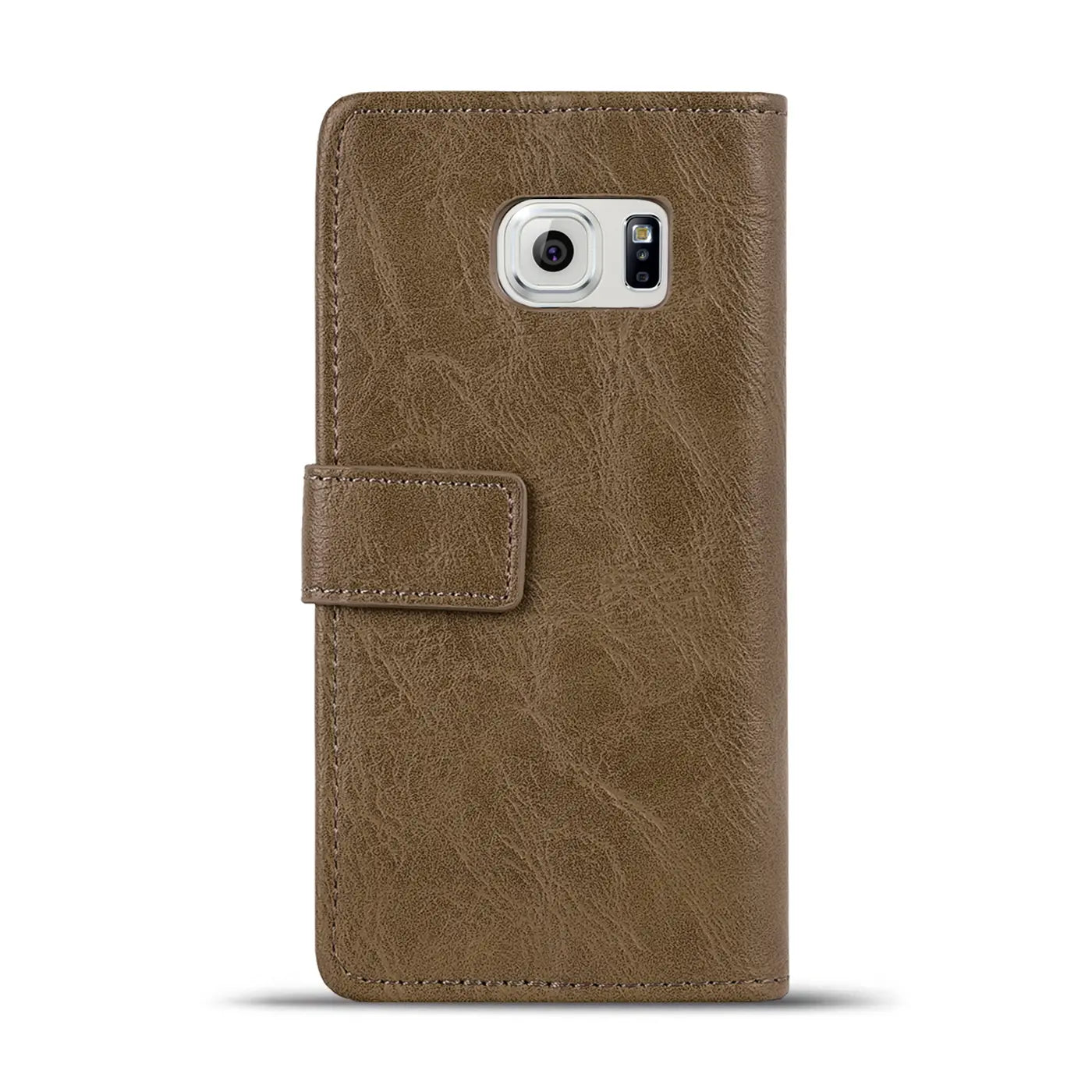 Braune Leder-Klapphülle mit Magnetverschluss für Samsung Galaxy S6, Rückansicht.