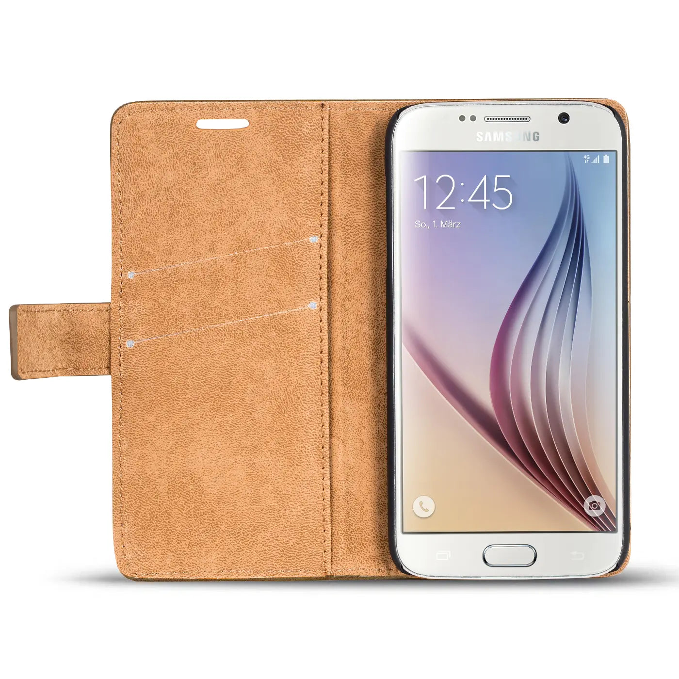 Braune Kunstleder-Klapphülle mit Geldfach, zeigt ein Samsung Galaxy S6, von vorne.