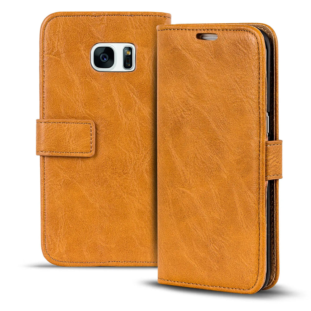 Elegante Klapphülle in Lederoptik für Samsung Galaxy S7 Edge in Gelbbraun