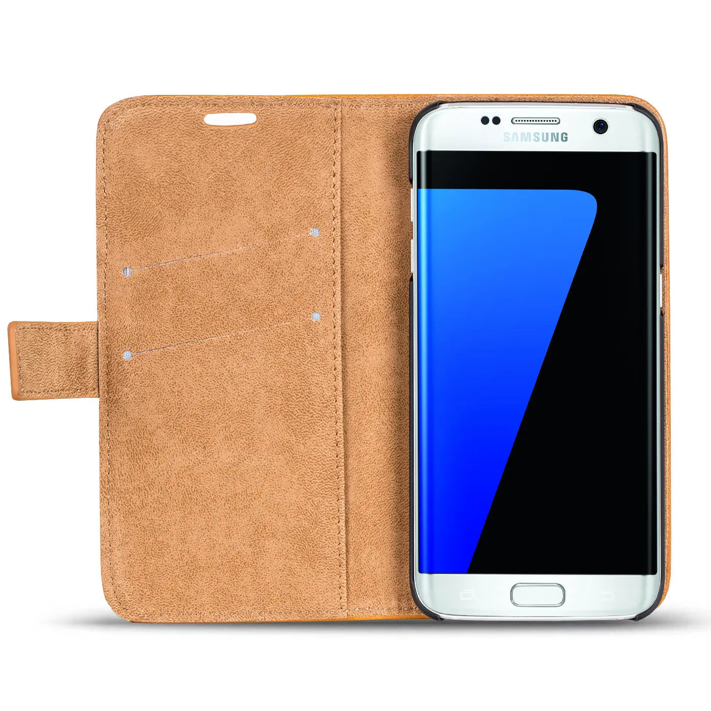 Braune Kunstleder-Klapphülle mit Kartenfächern, Samsung Galaxy S7 Edge, Frontalansicht.